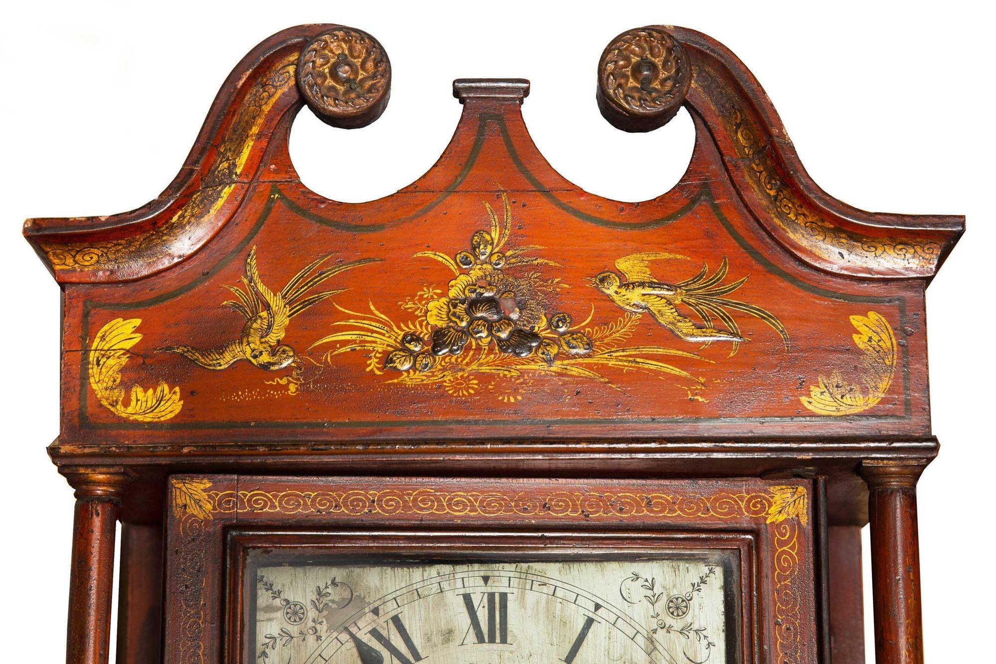 English Antique Red Chinoiserie Six-Bell Hanging Wall Clock ca. 1830 For Sale 7