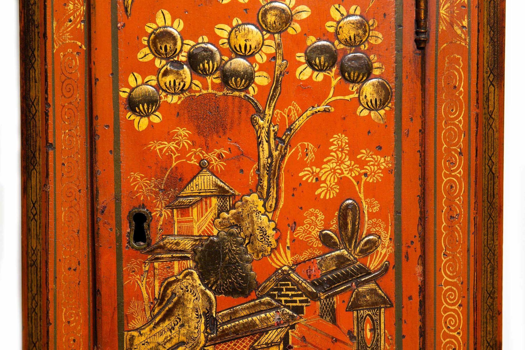 Horloge murale anglaise ancienne de style chinoiserie rouge à six branches, vers 1830 en vente 6