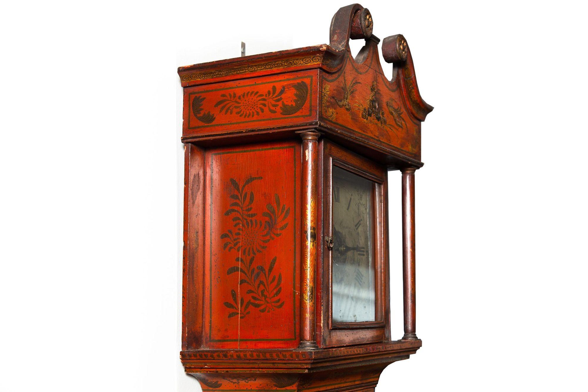 English Antique Red Chinoiserie Six-Bell Hanging Wall Clock ca. 1830 For Sale 9