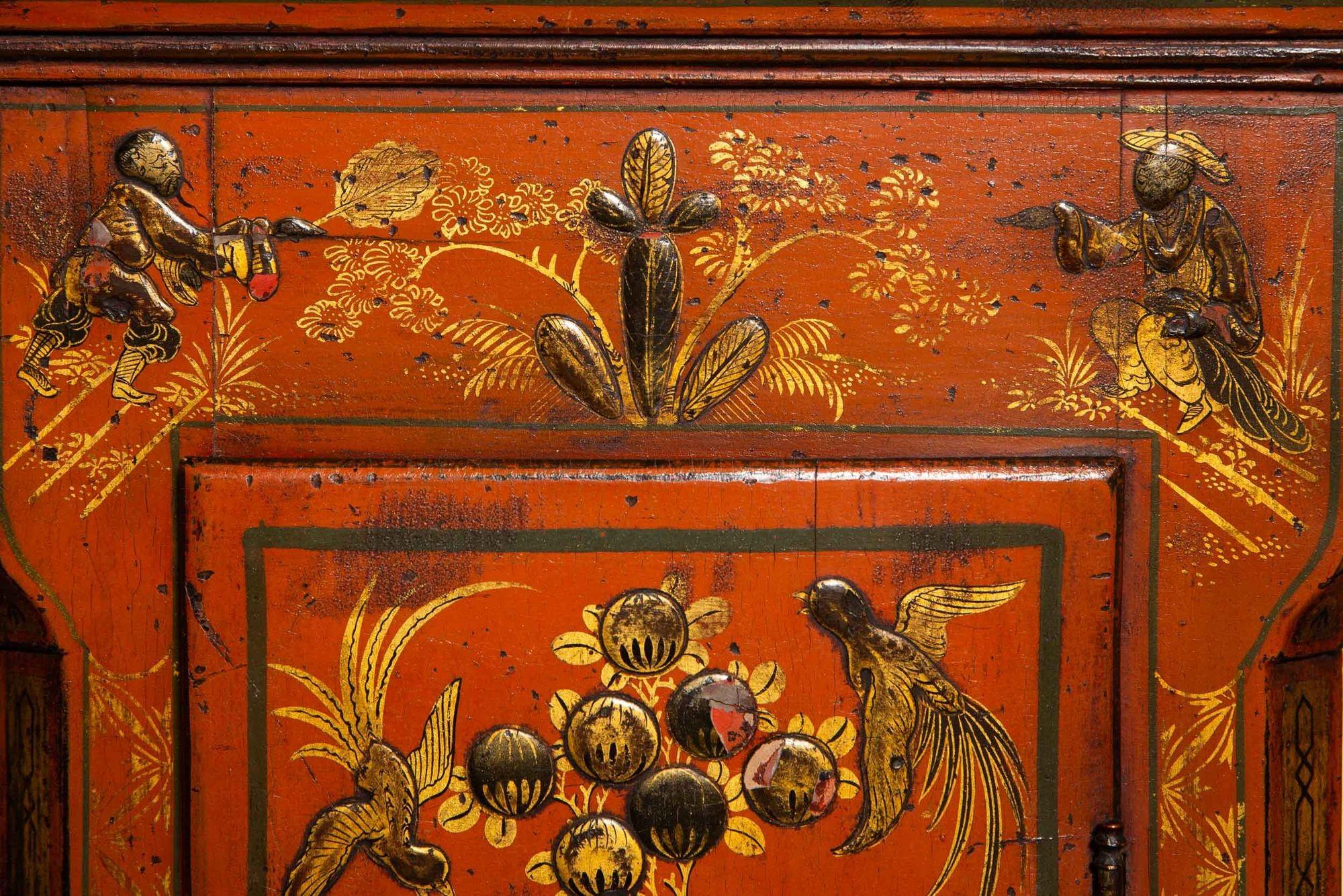 Englische antike rote Chinoiserie-Wanduhr mit sechs Schalen als Hängeleuchte, um 1830 im Angebot 14