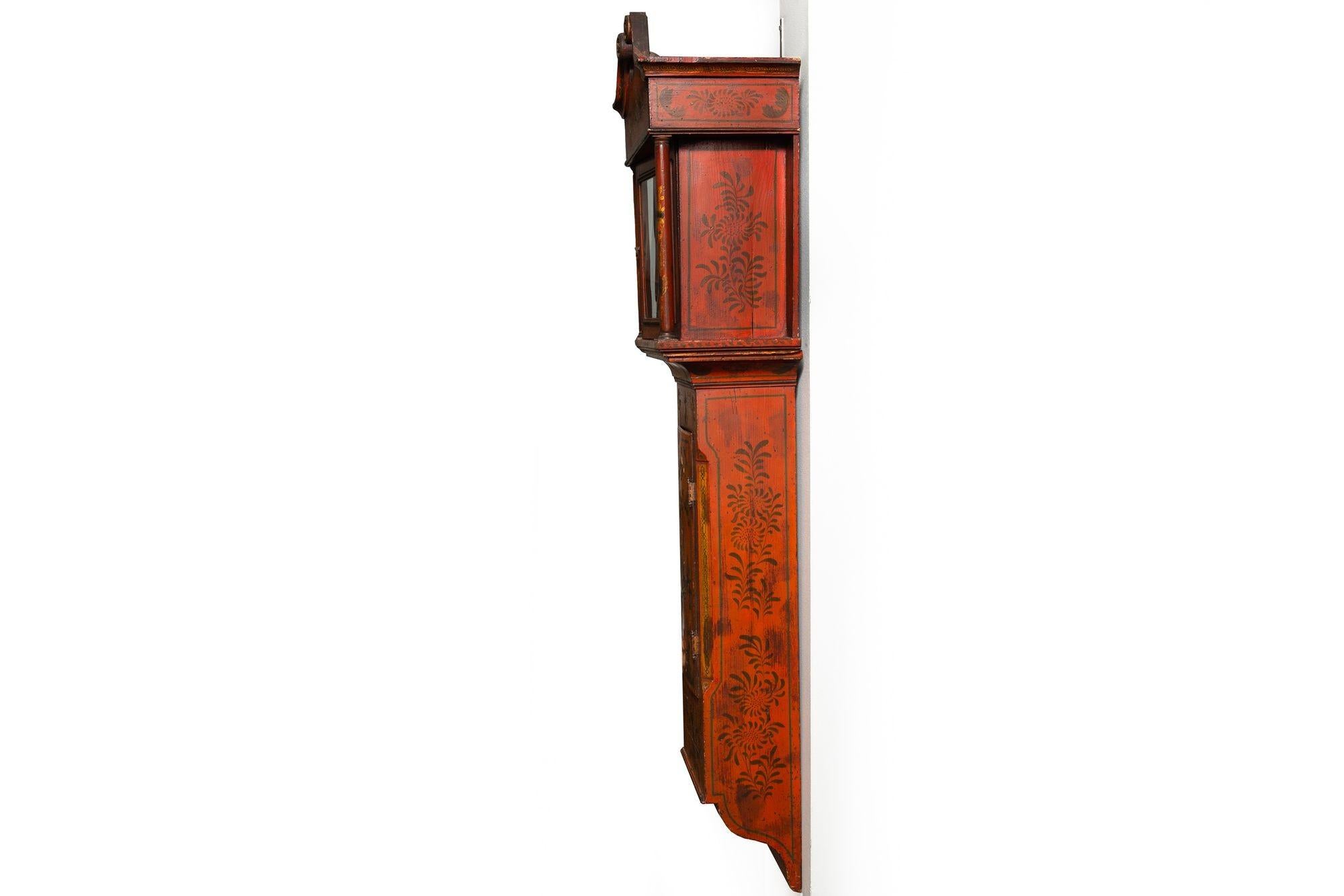 George III English Antique Red Chinoiserie Six-Bell Hanging Wall Clock ca. 1830 For Sale