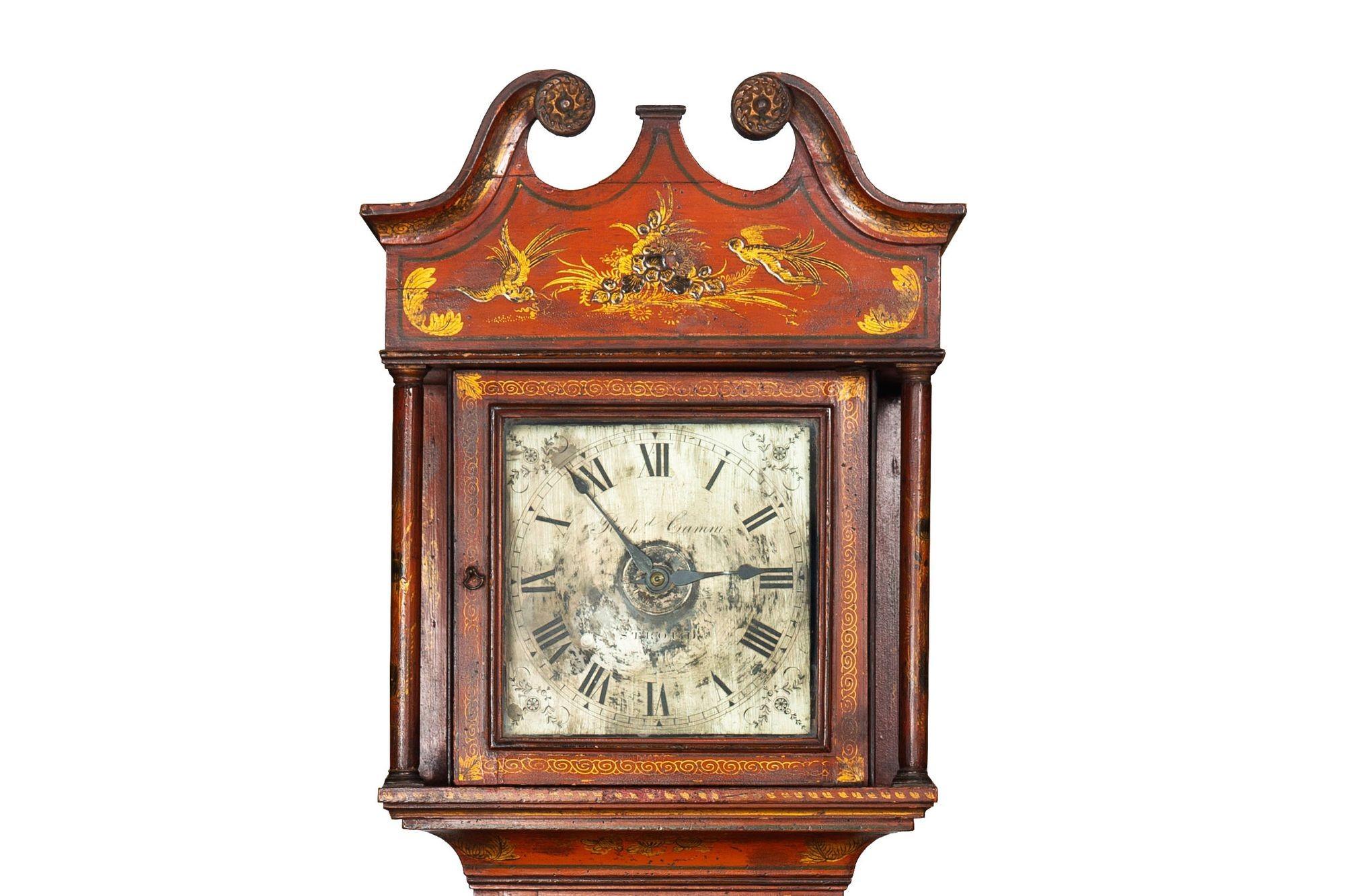 English Antique Red Chinoiserie Six-Bell Hanging Wall Clock ca. 1830 In Good Condition For Sale In Shippensburg, PA