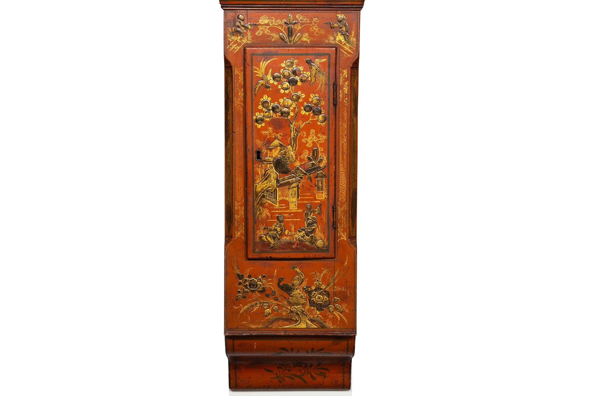 19th Century English Antique Red Chinoiserie Six-Bell Hanging Wall Clock ca. 1830 For Sale
