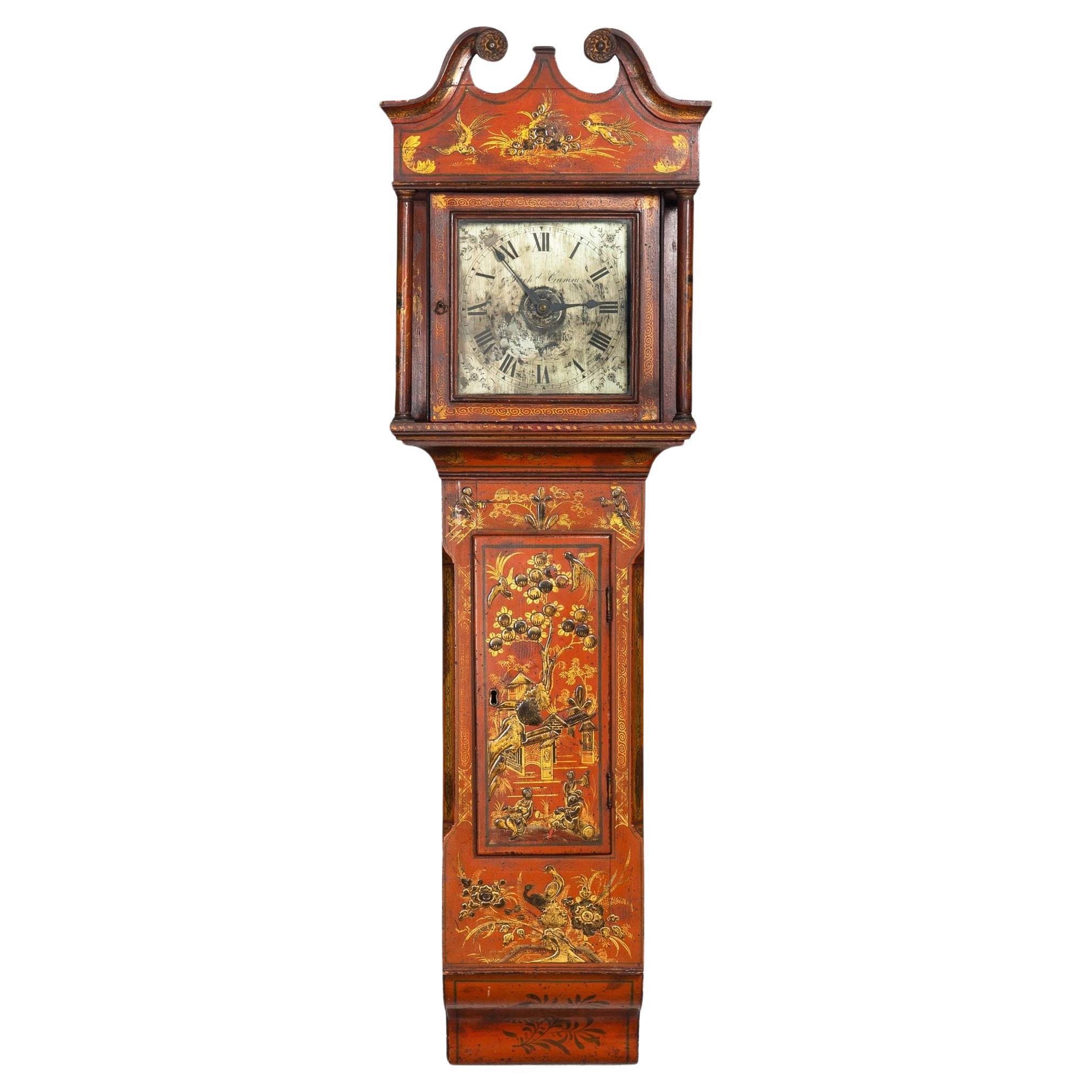 English Antique Red Chinoiserie Six-Bell Hanging Wall Clock ca. 1830 For Sale