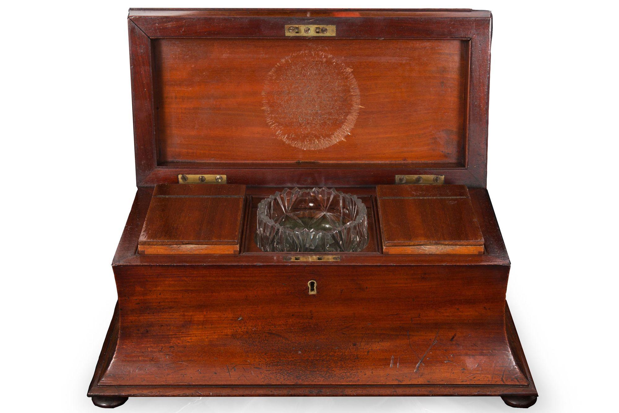 Crystal English Antique Regency Mahogany Sarcophagus Tea Caddy