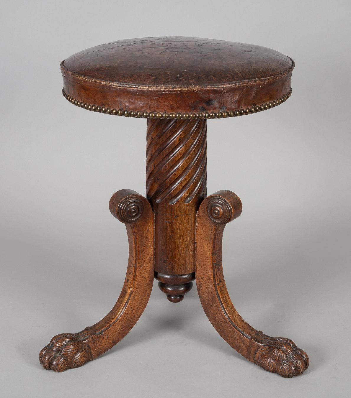 Carved English Antique Regency Revolving Piano Stool For Sale