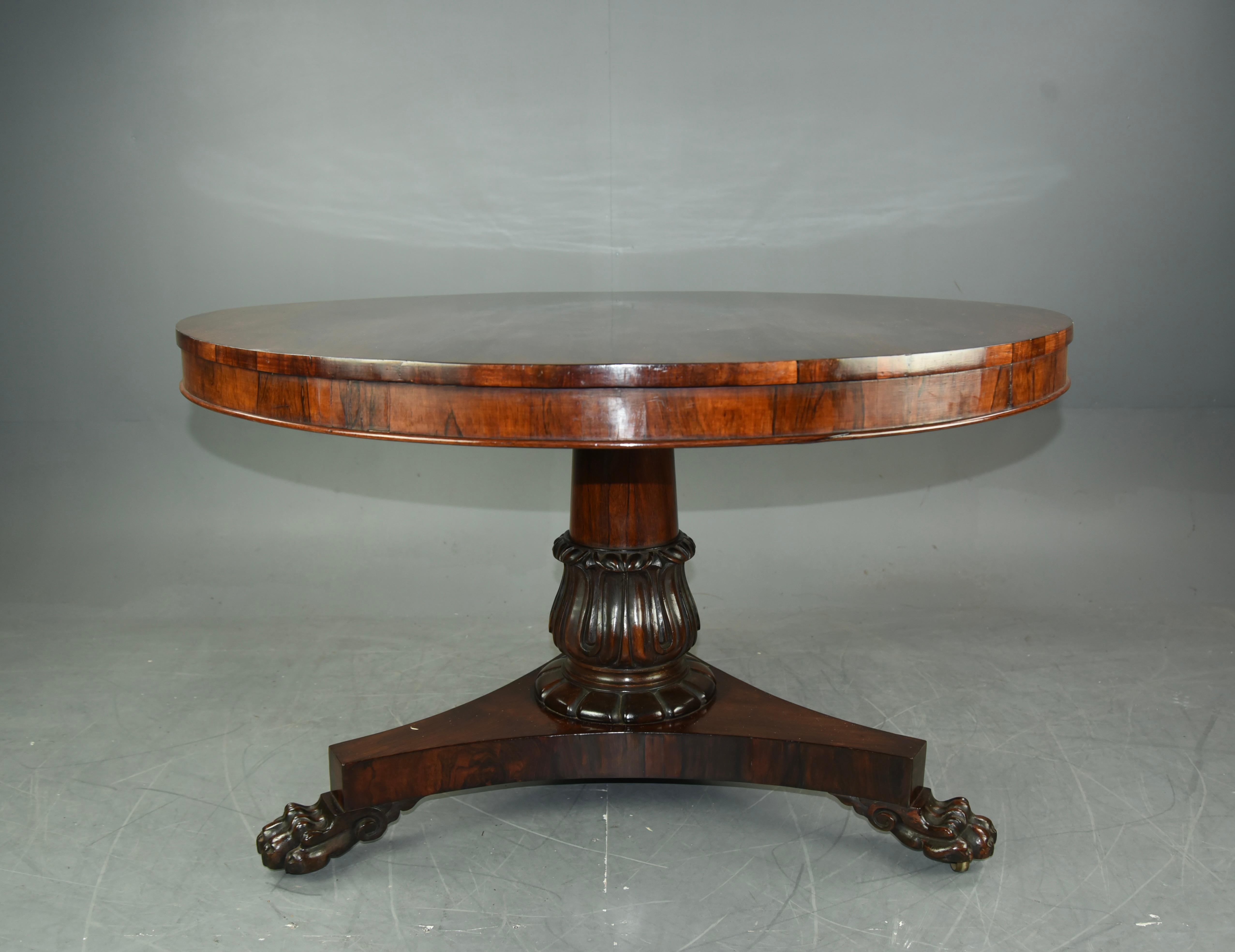 Fine quality late regency Rosewood breakfast table. The top has a wonderful grain and great patina.
Standing on a tripod base with tulip carved surround terminating in lion paw feet, with hidden castors 
The top has a tilting action and will seat