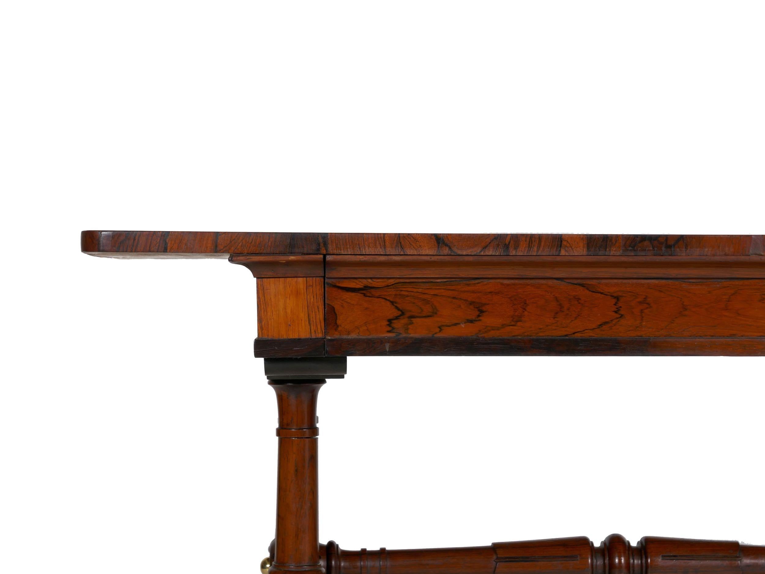 Brass English Antique Regency Rosewood Leather-Top Writing Accent Table, circa 1835