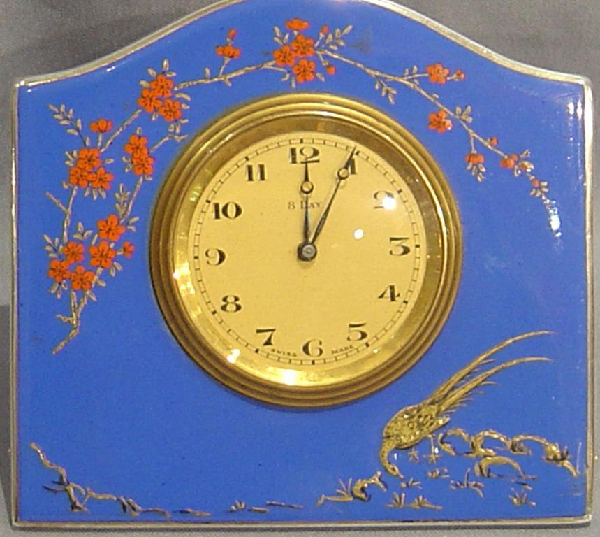 English Antique Silver and Hand Painted Enamel Strut Clock In Good Condition For Sale In London, GB