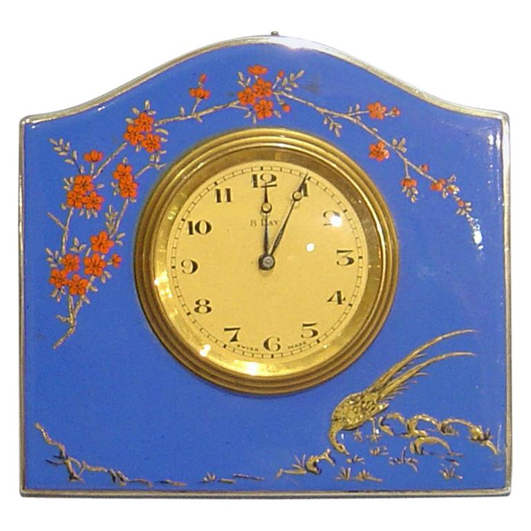 English Antique Silver and Hand Painted Enamel Strut Clock For Sale