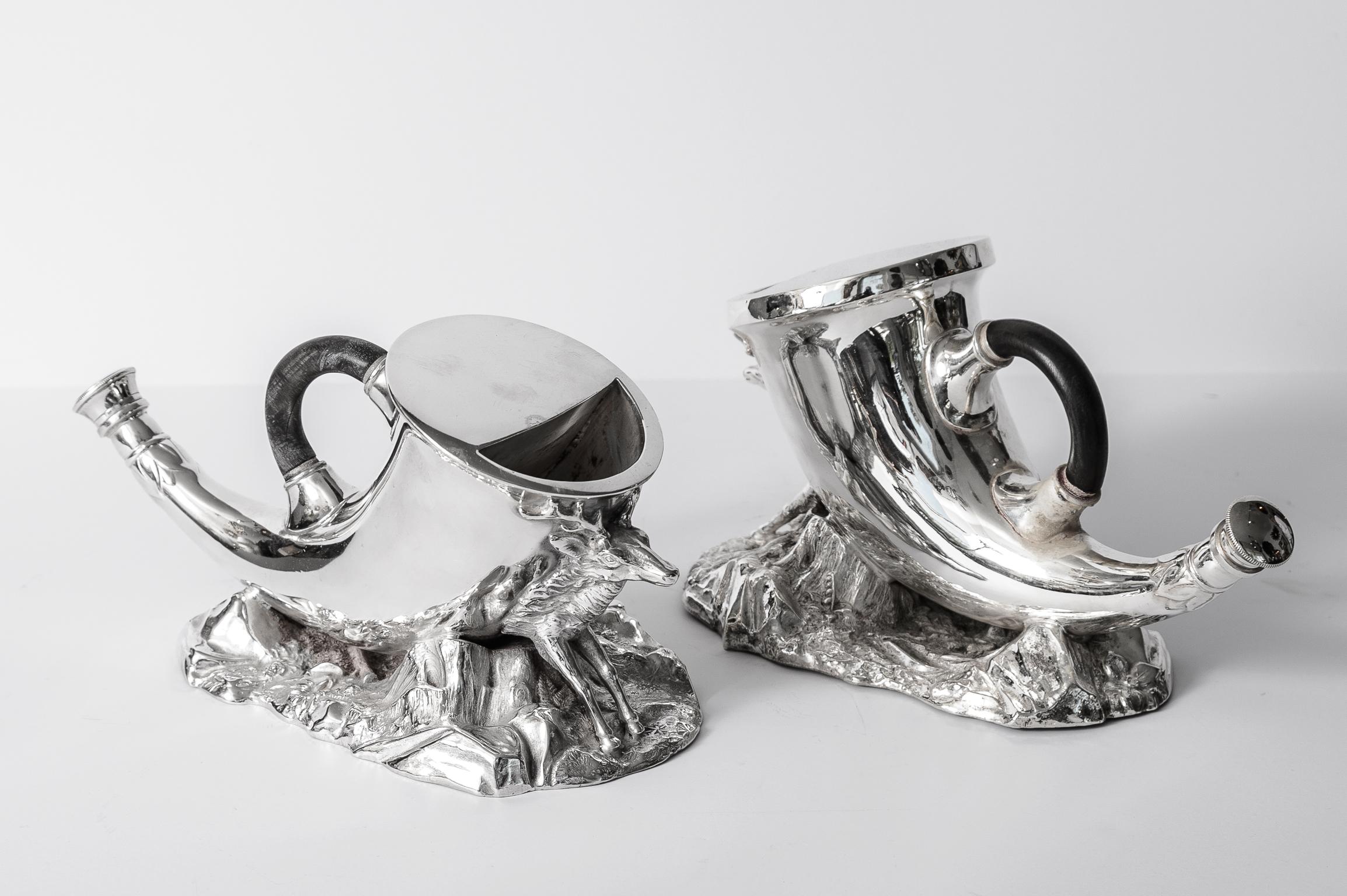 Late Victorian English Antique Silver Plate Horn & Stag Spoon Warmers, A-Pair