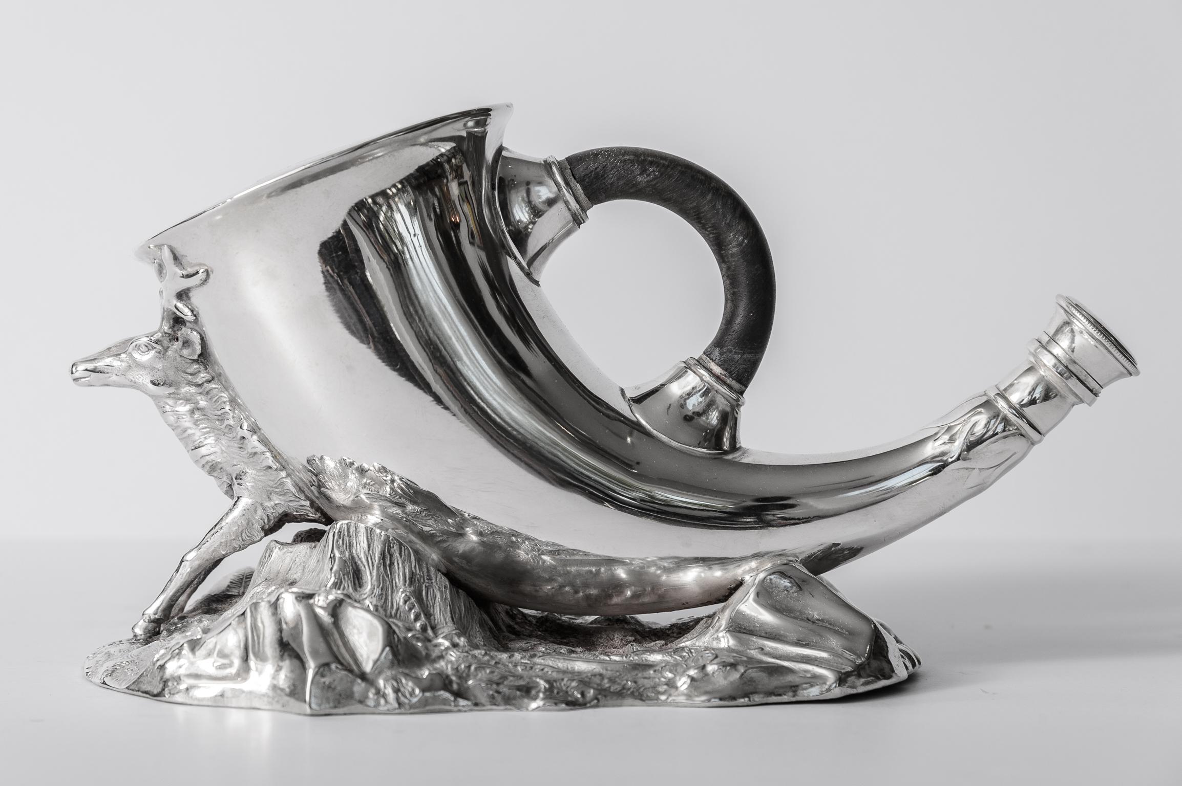 British English Antique Silver Plate Horn & Stag Spoon Warmers, A-Pair