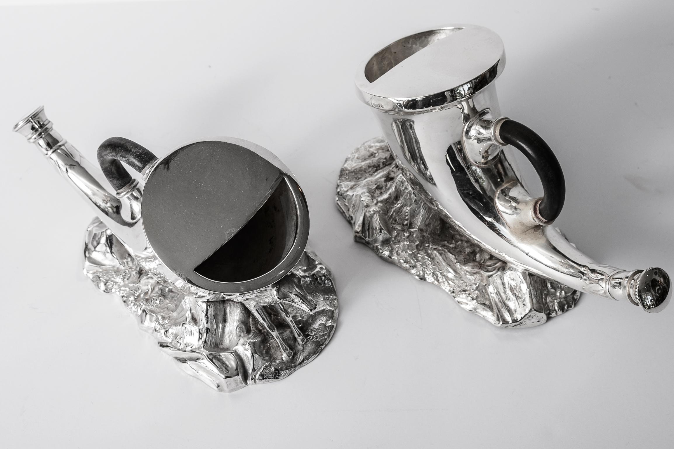 19th Century English Antique Silver Plate Horn & Stag Spoon Warmers, A-Pair