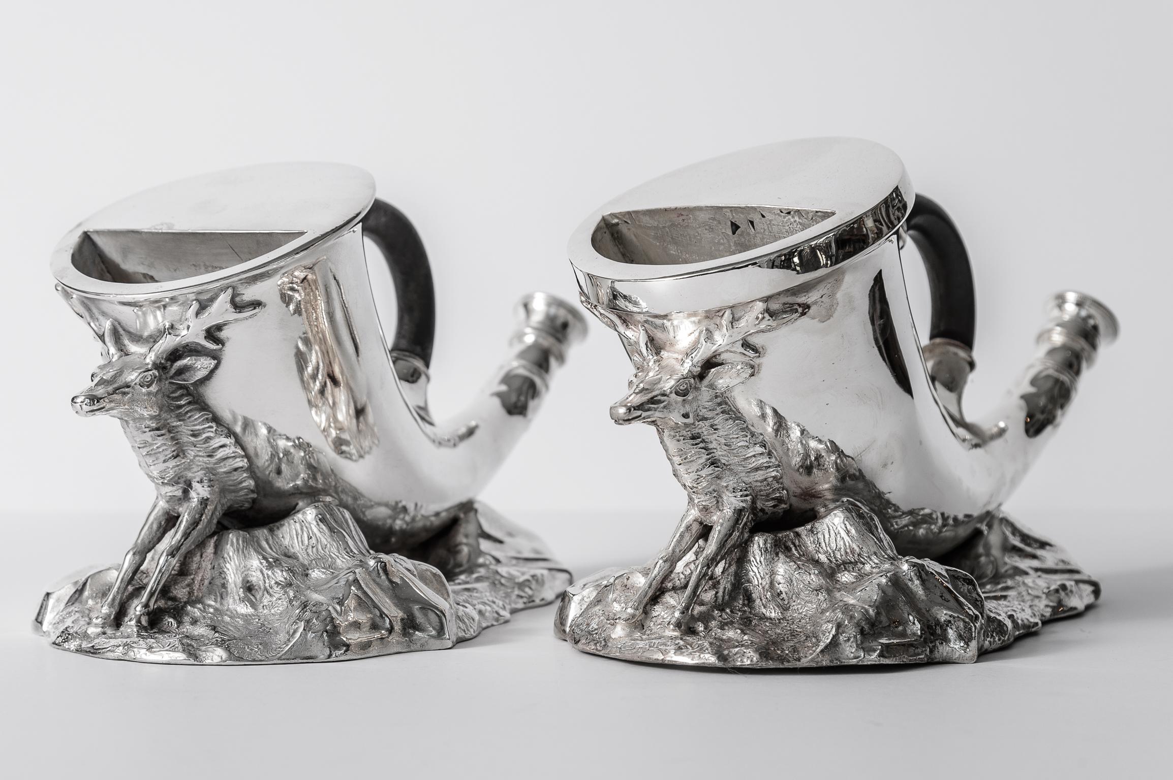 English Antique Silver Plate Horn & Stag Spoon Warmers, A-Pair 2