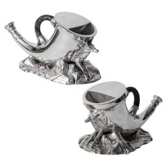 English Antique Silver Plate Horn & Stag Spoon Warmers, A-Pair