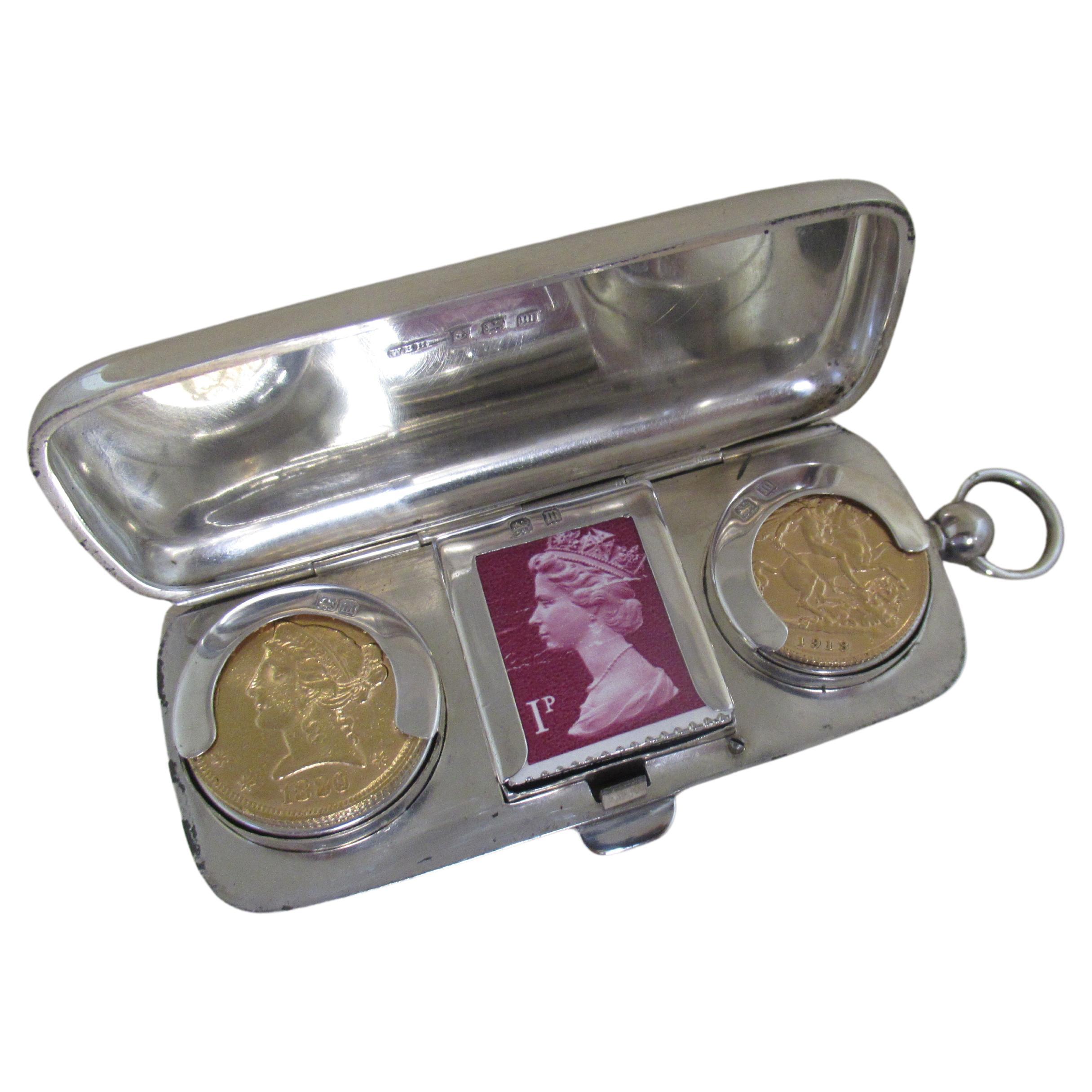 English Antique, Sovereign Coin & Stamps Case, Hallmarked Birmingham 1911  For Sale