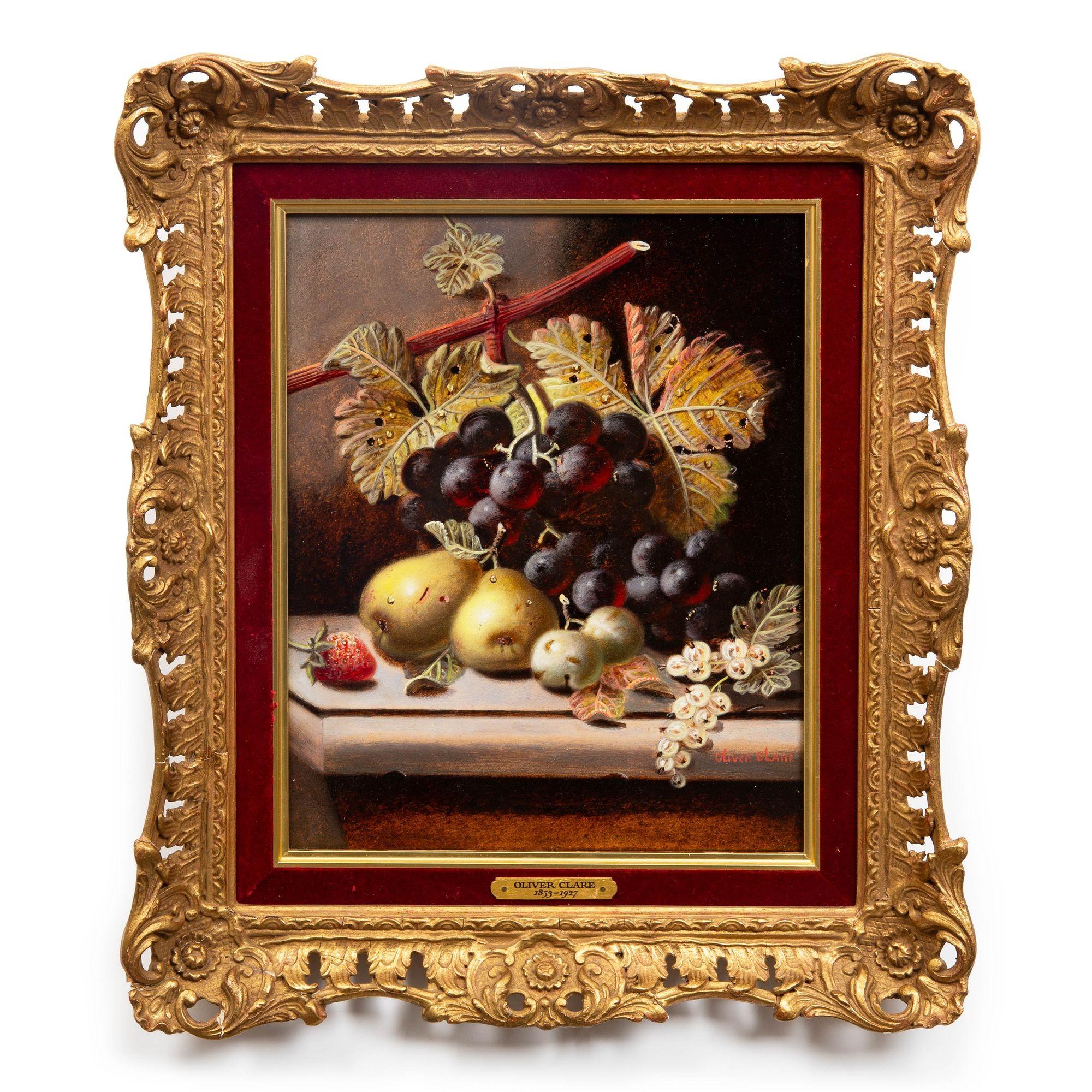 OLIVER CLARE
British, 1853-1927

Still-Life with Pears, Yellow Plums, Grapes and a Strawberry on Tabletop

Oil on artist's panel  signed lower right 
