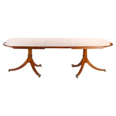 English Antique Twin Tripod Pedestal Burl Mahogany Dining Table