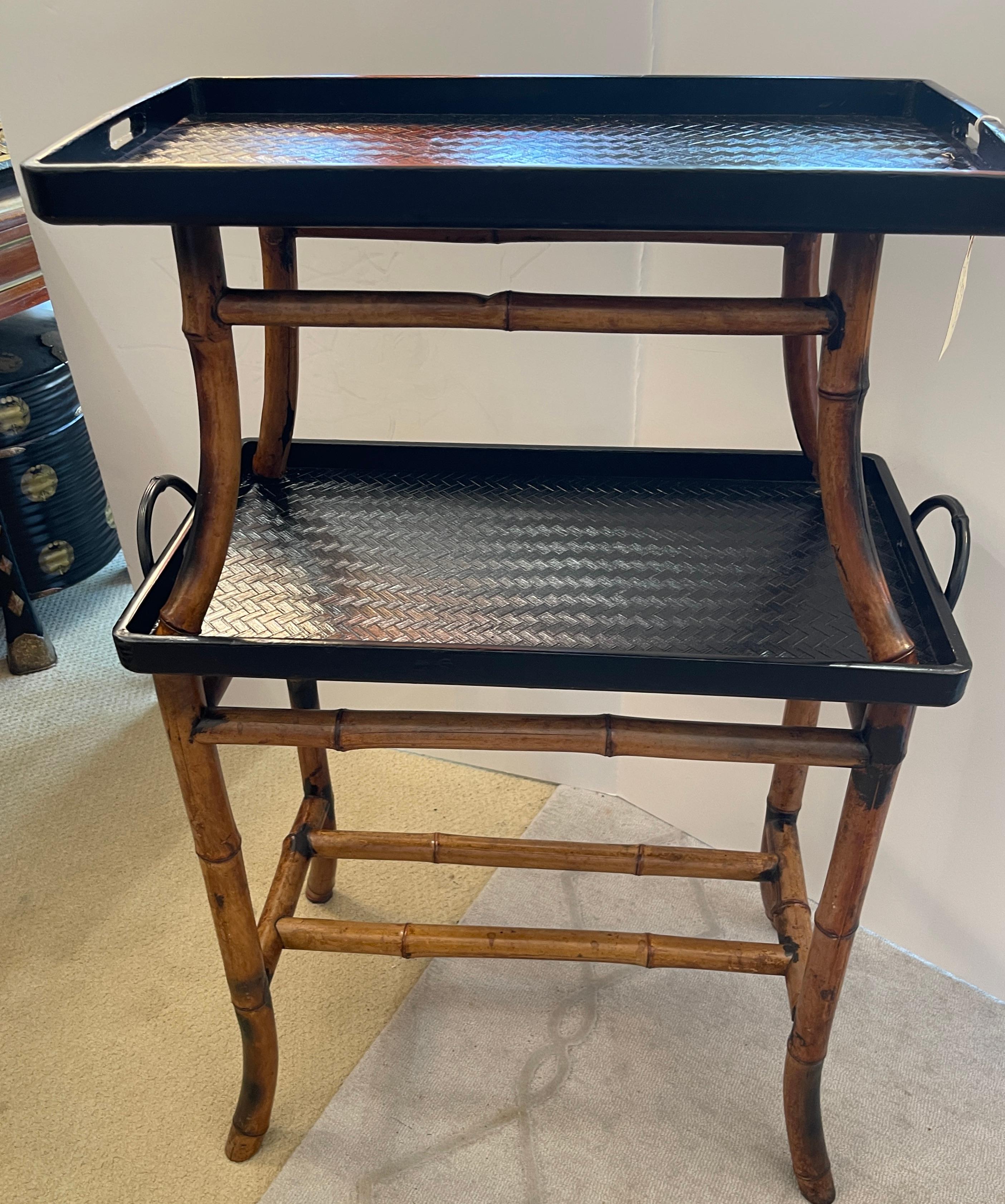 Late Victorian English Antique Two Tiered Burnt Bamboo Dessert Table/Serving Table, 19th C For Sale