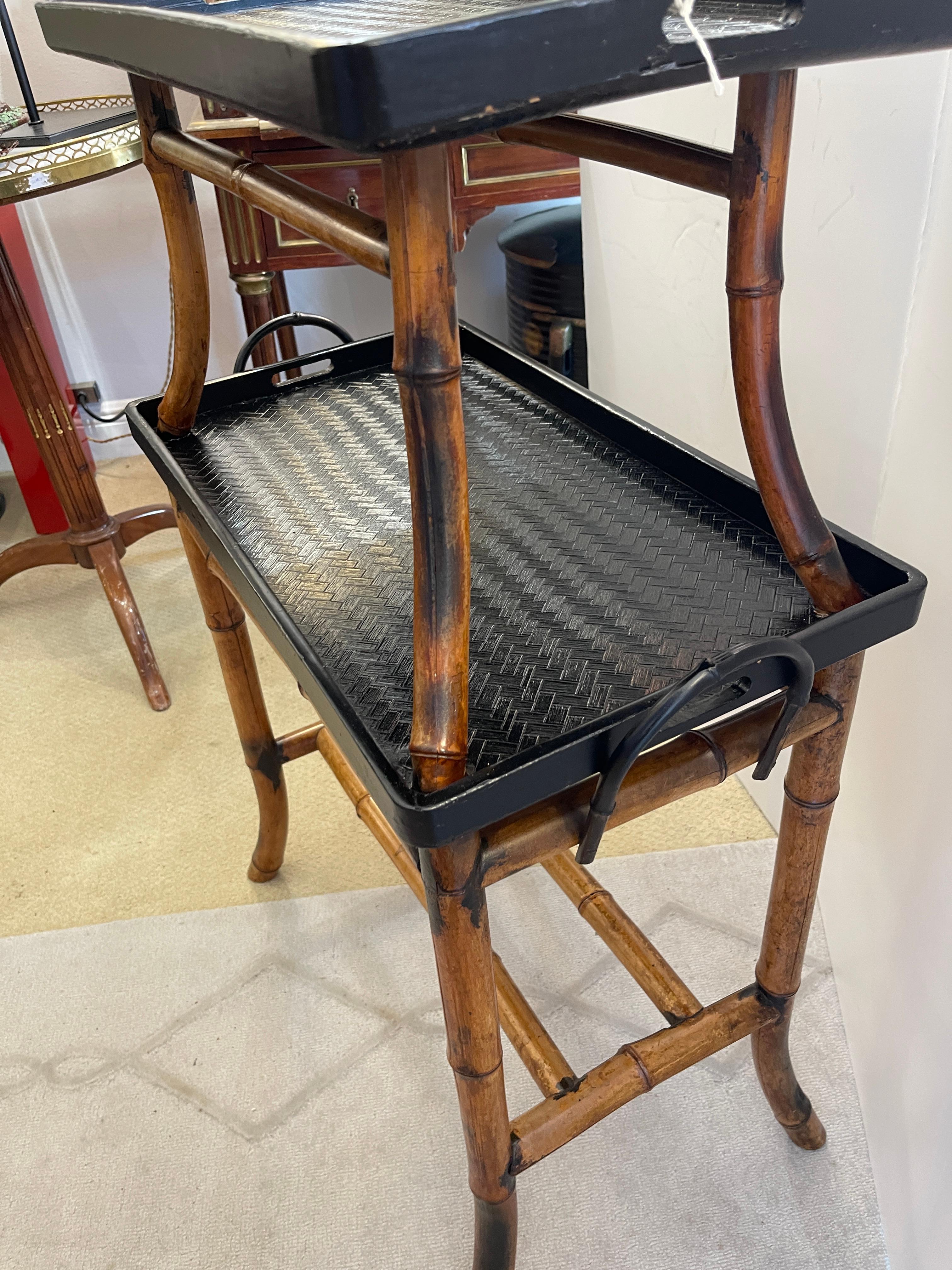 British English Antique Two Tiered Burnt Bamboo Dessert Table/Serving Table, 19th C For Sale