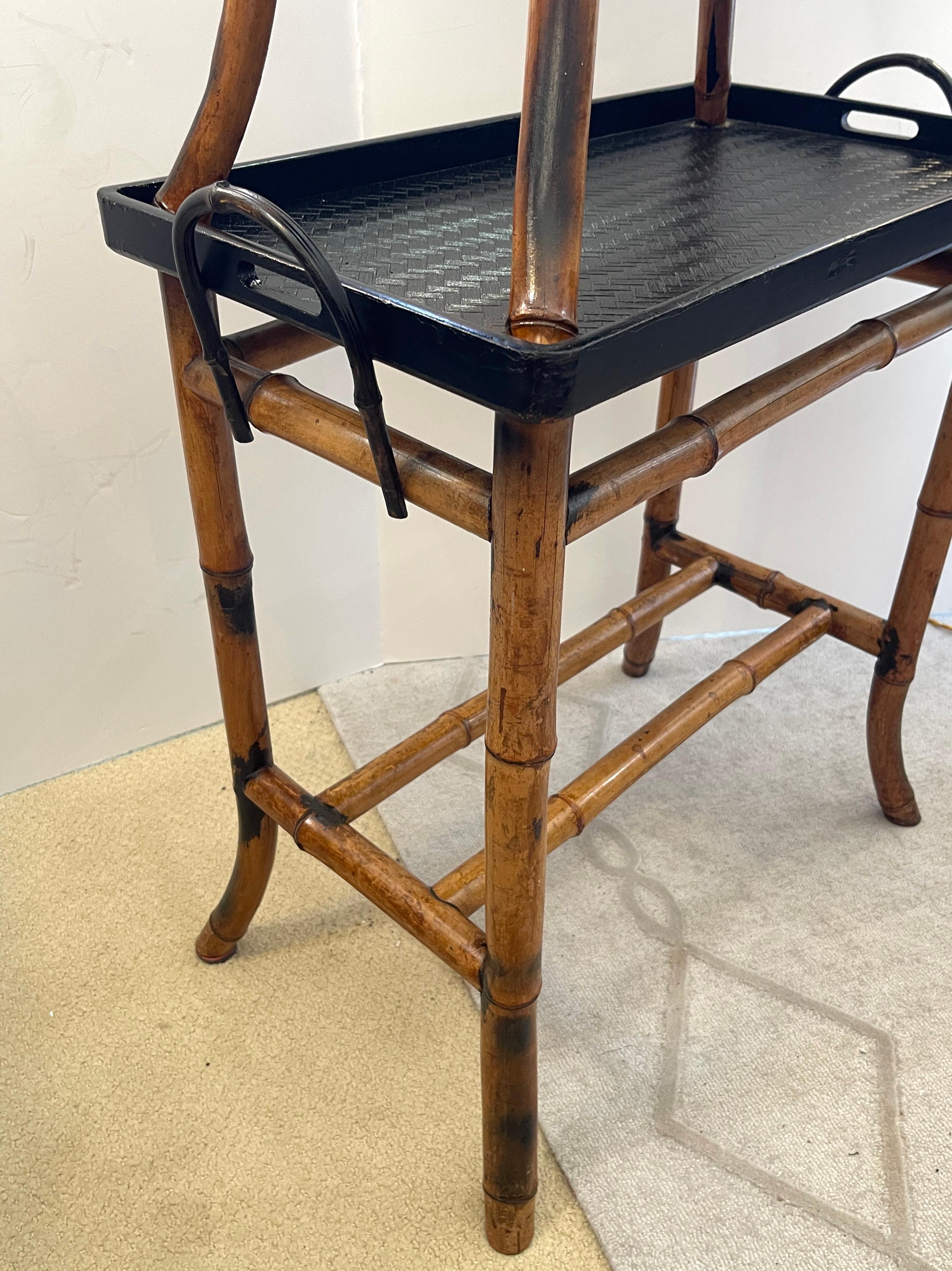 Early 20th Century English Antique Two Tiered Burnt Bamboo Dessert Table/Serving Table, 19th C For Sale