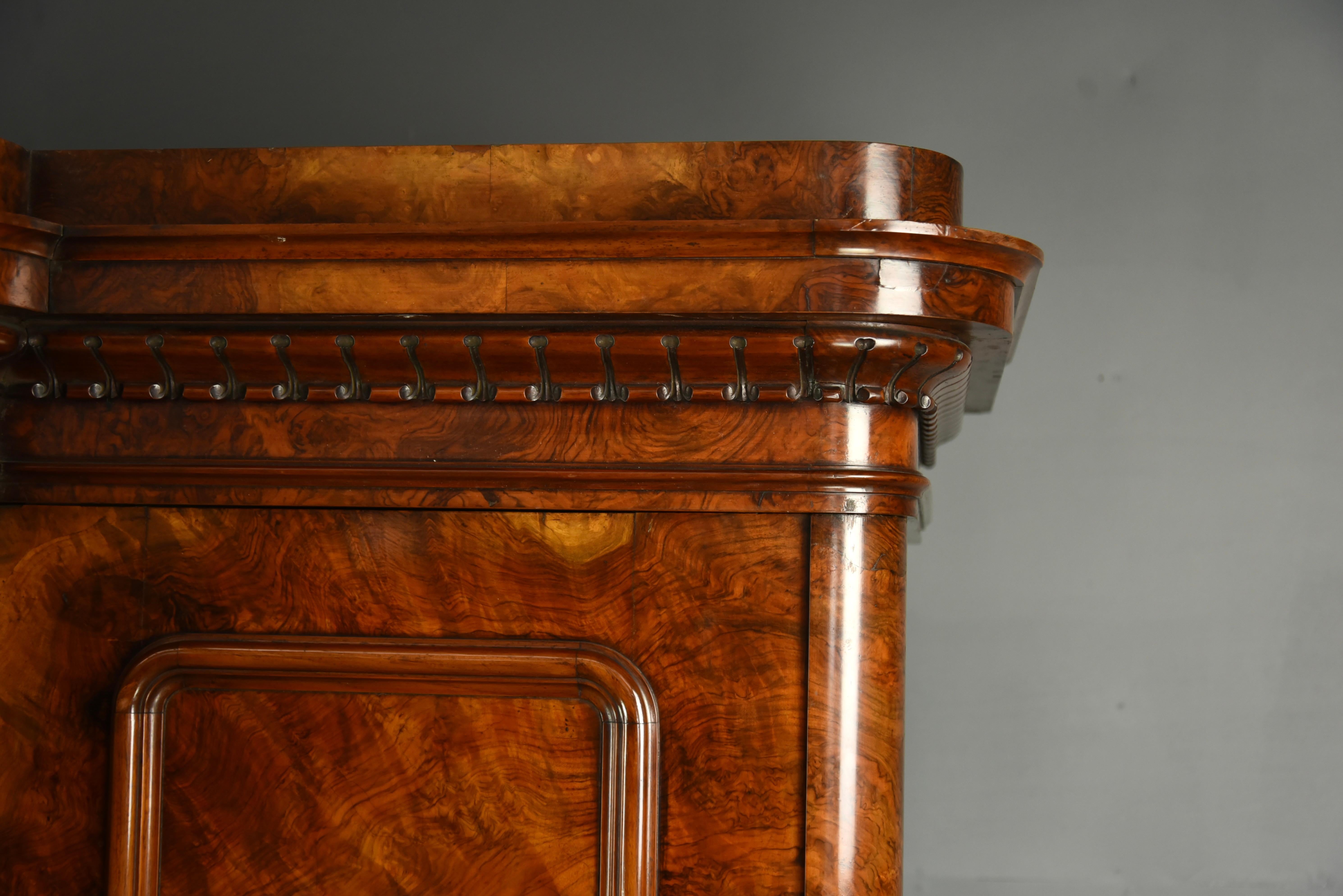 Mid-19th Century English Antique Victorian Burr Walnut Triple Breakfront Wardrobe Armoire