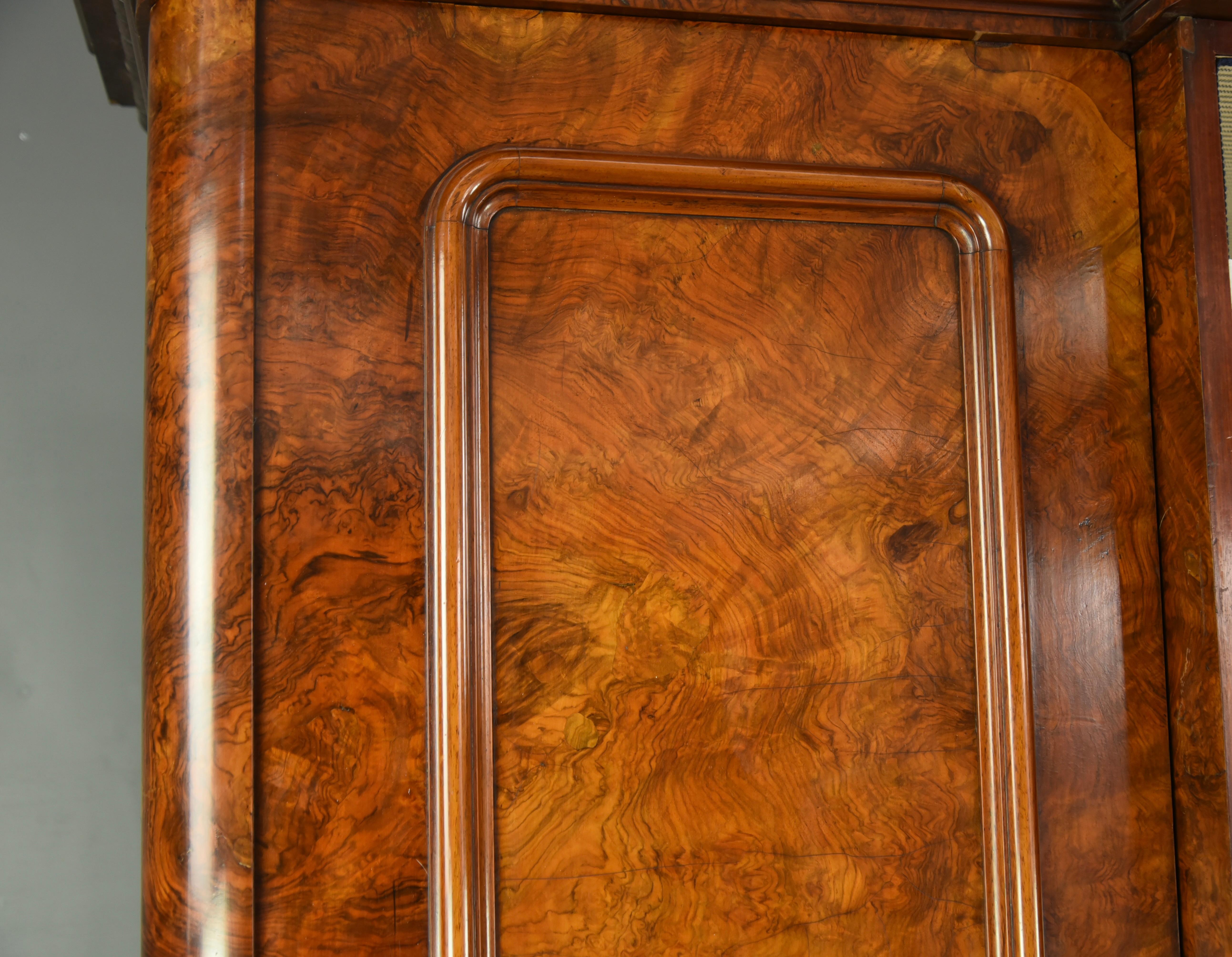 English Antique Victorian Burr Walnut Triple Breakfront Wardrobe Armoire 2