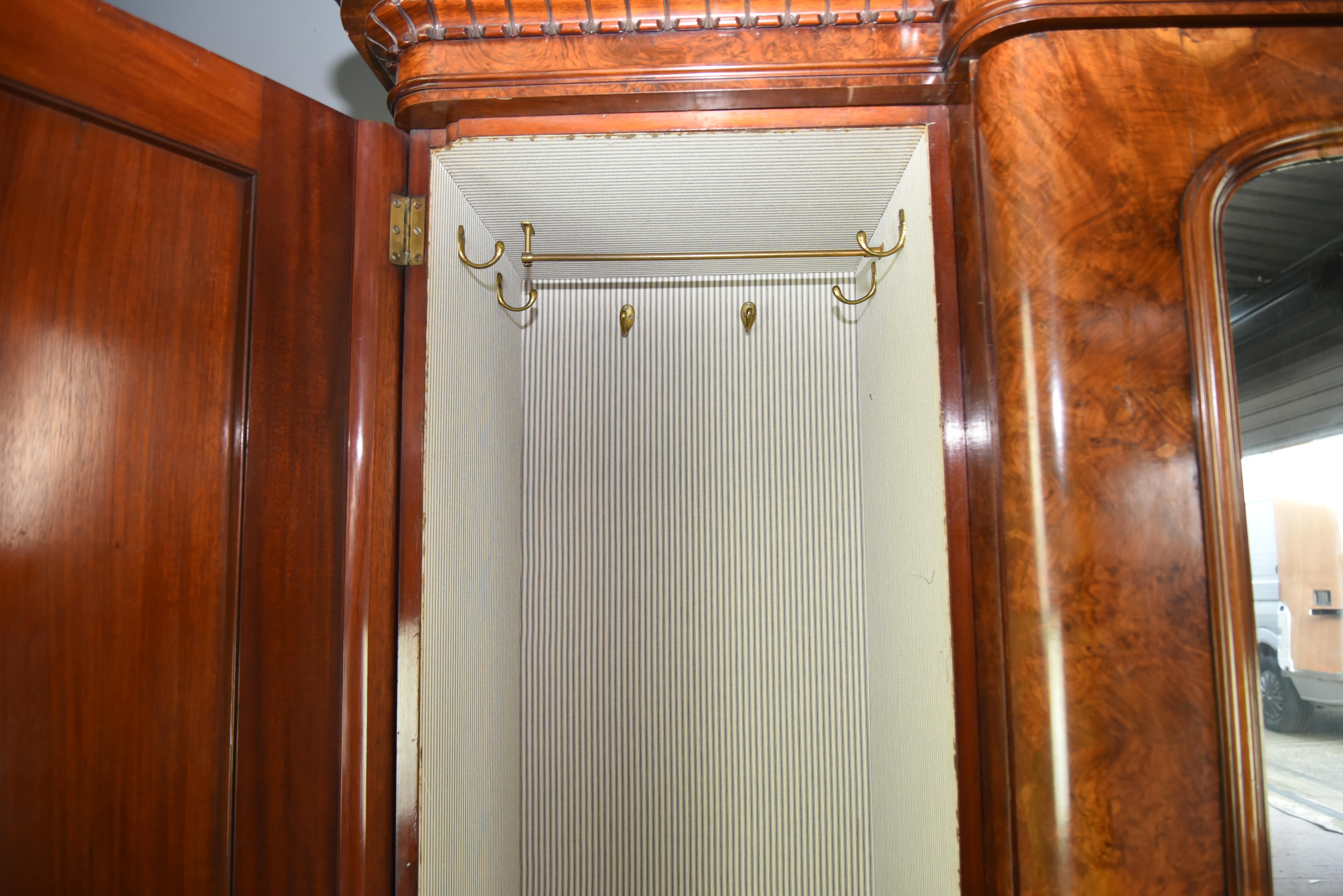 English Antique Victorian Burr Walnut Triple Breakfront Wardrobe Armoire 4