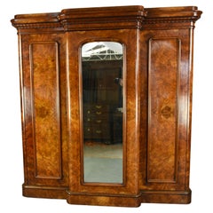 English Antique Victorian Burr Walnut Triple Breakfront Wardrobe Armoire