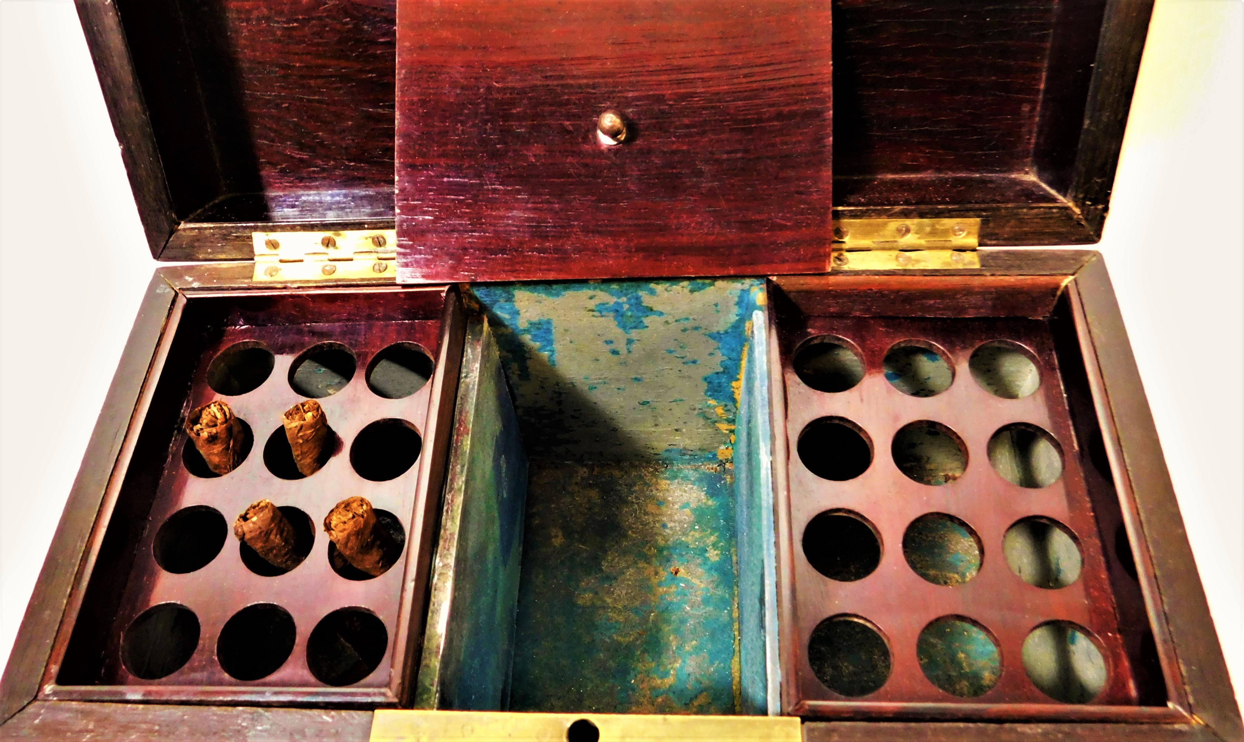 19th Century English Antique Victorian Ebonized Cigar Box with Brass Colored Inlay Lock Key