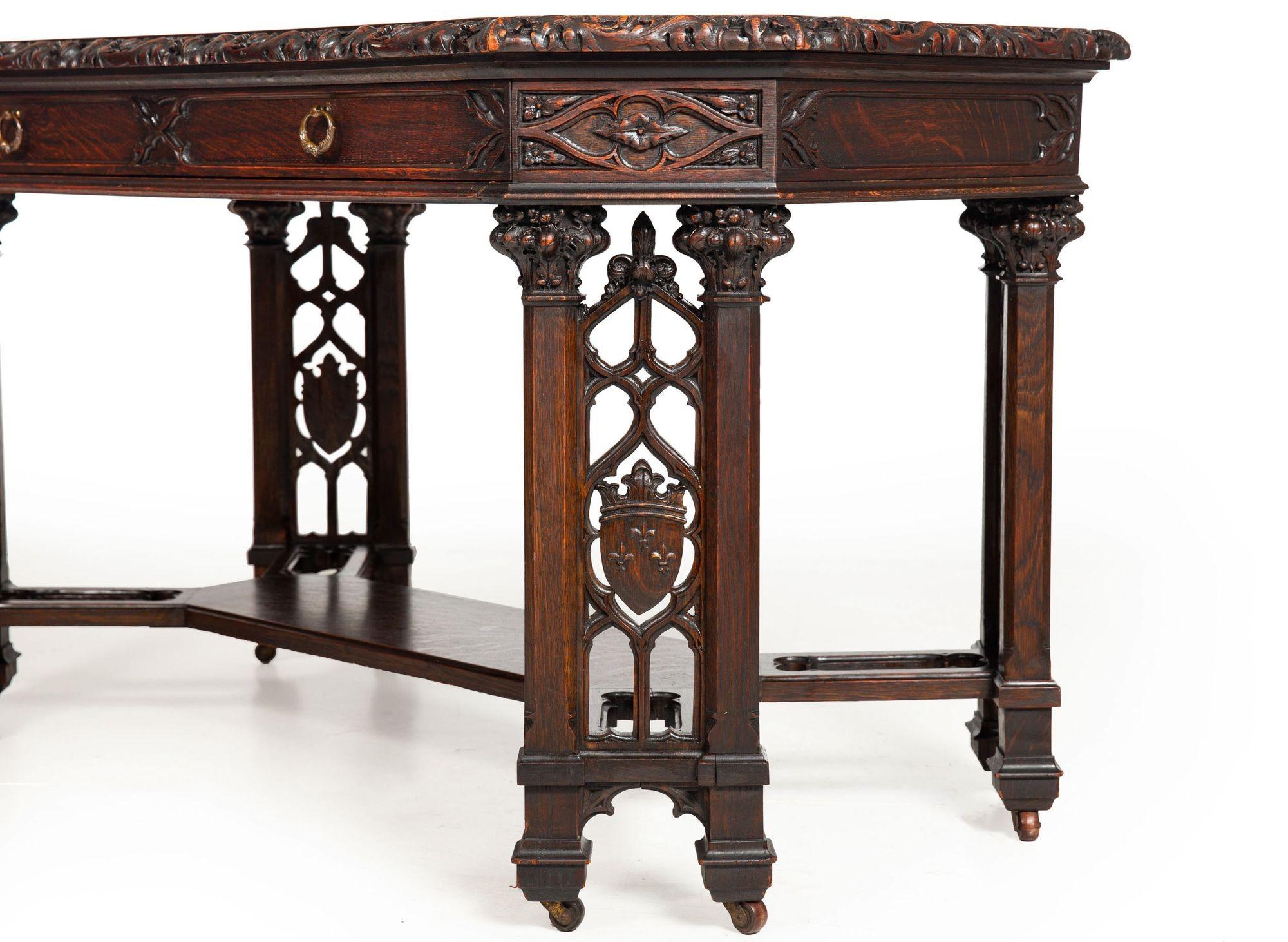 English Antique Victorian Gothic Carved Oak-Leaf Writing Library Table Desk 3