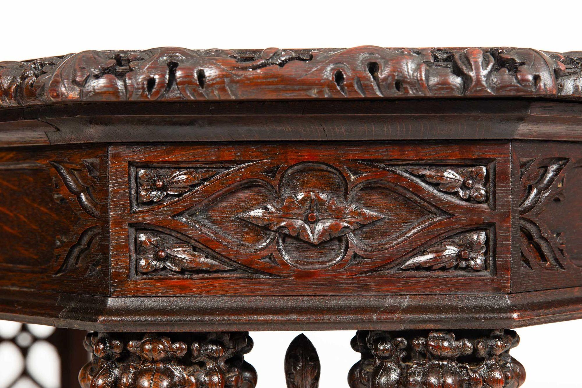 English Antique Victorian Gothic Carved Oak-Leaf Writing Library Table Desk 4