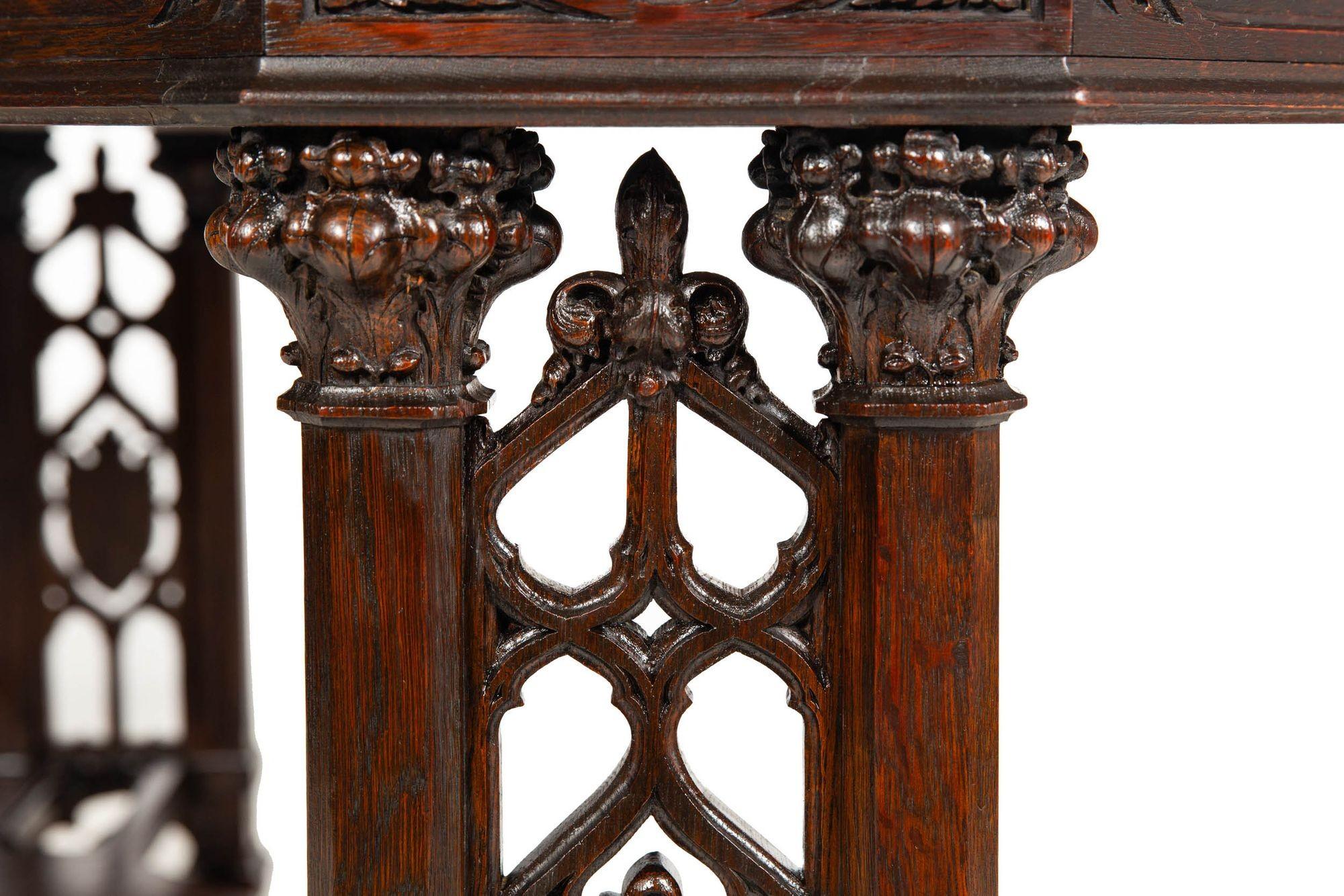 English Antique Victorian Gothic Carved Oak-Leaf Writing Library Table Desk 5