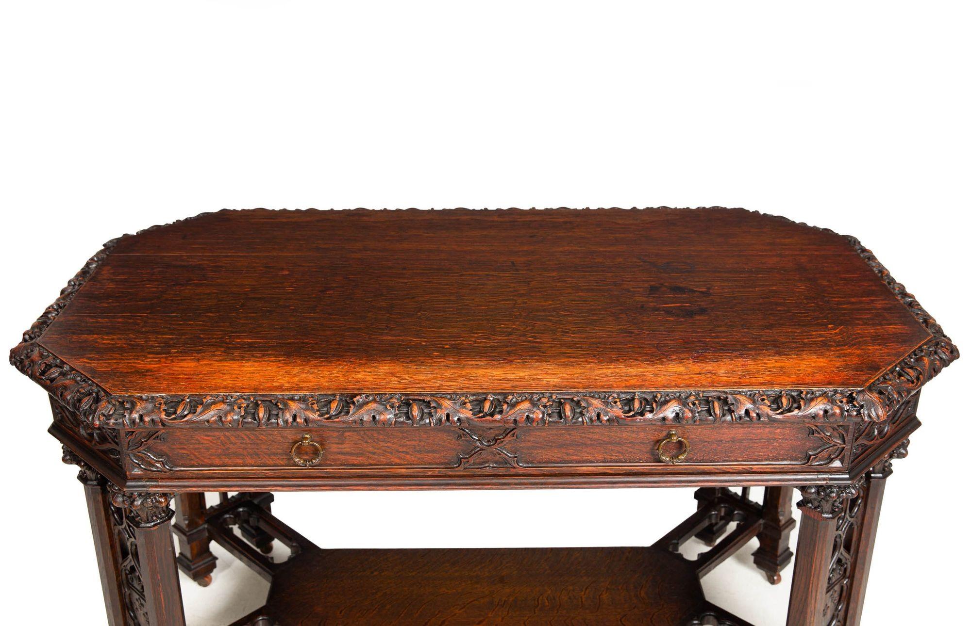 British English Antique Victorian Gothic Carved Oak-Leaf Writing Library Table Desk