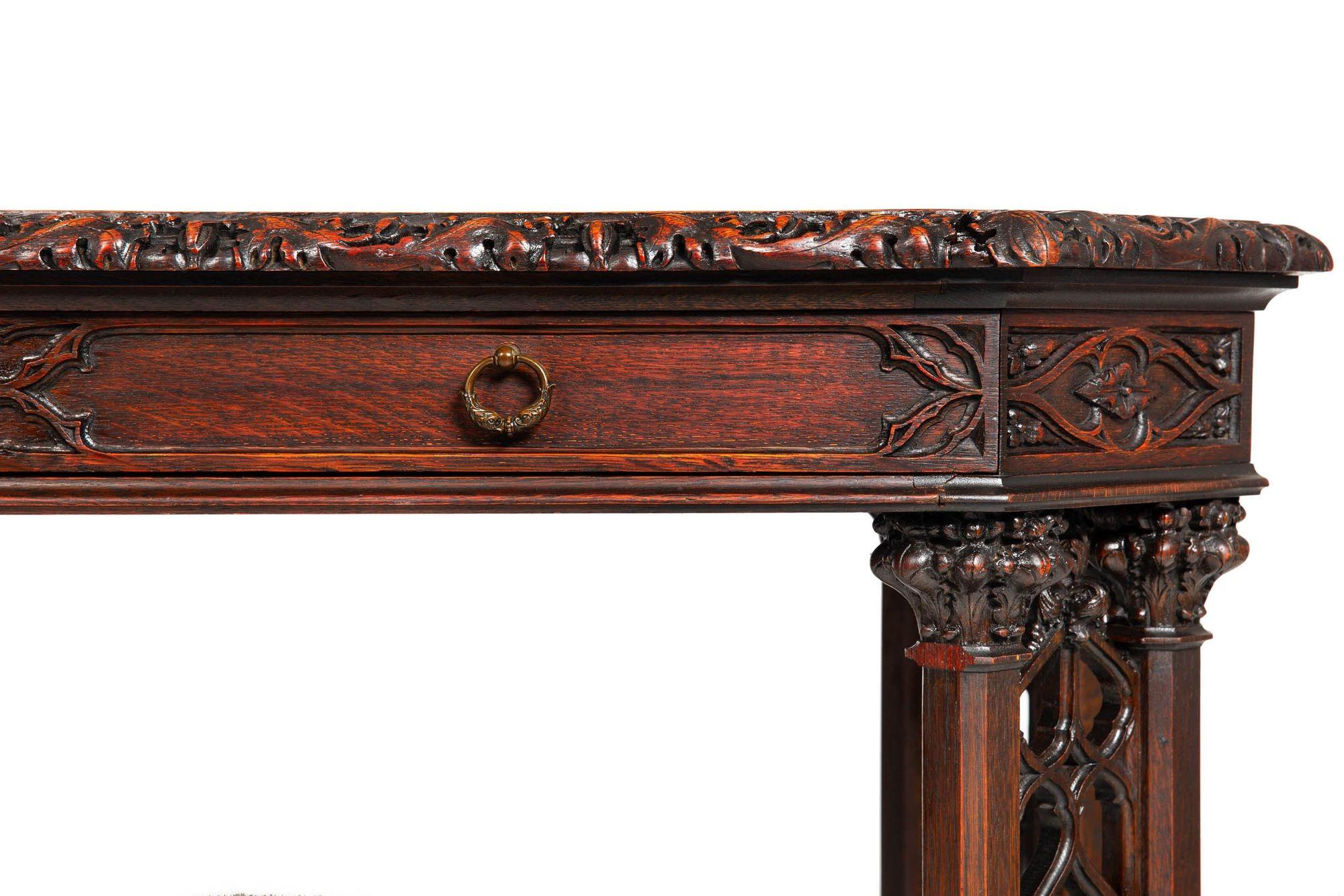 English Antique Victorian Gothic Carved Oak-Leaf Writing Library Table Desk 1