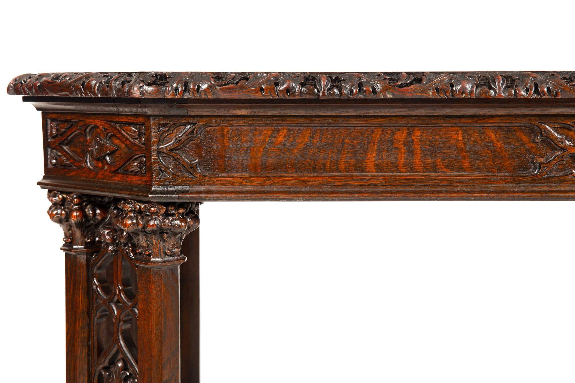English Antique Victorian Gothic Carved Oak-Leaf Writing Library Table Desk 2