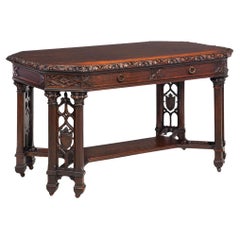English Antique Victorian Gothic Carved Oak-Leaf Writing Library Table Desk