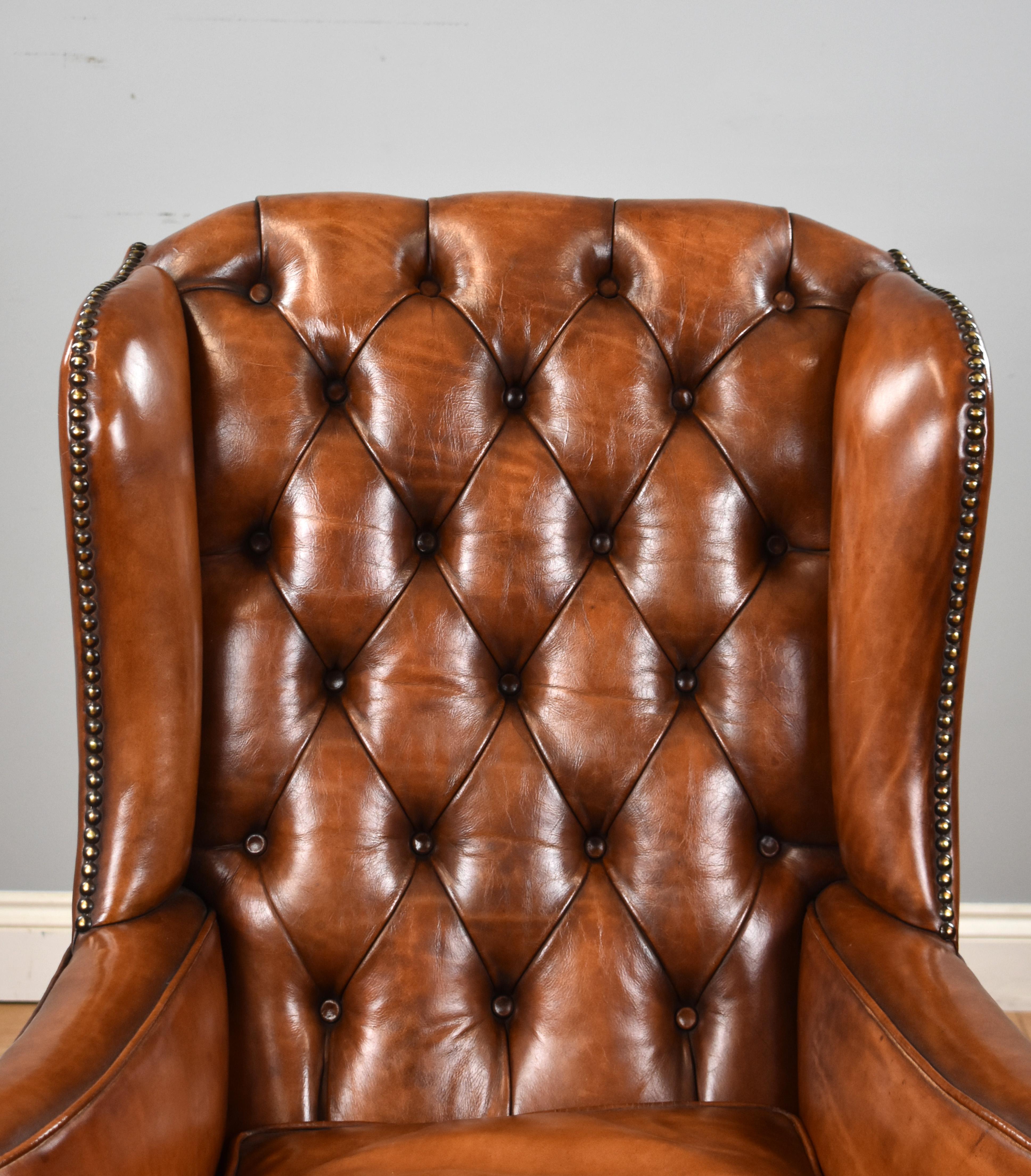 George III English Antique Victorian Hand Dyed Leather Wingback Armchair