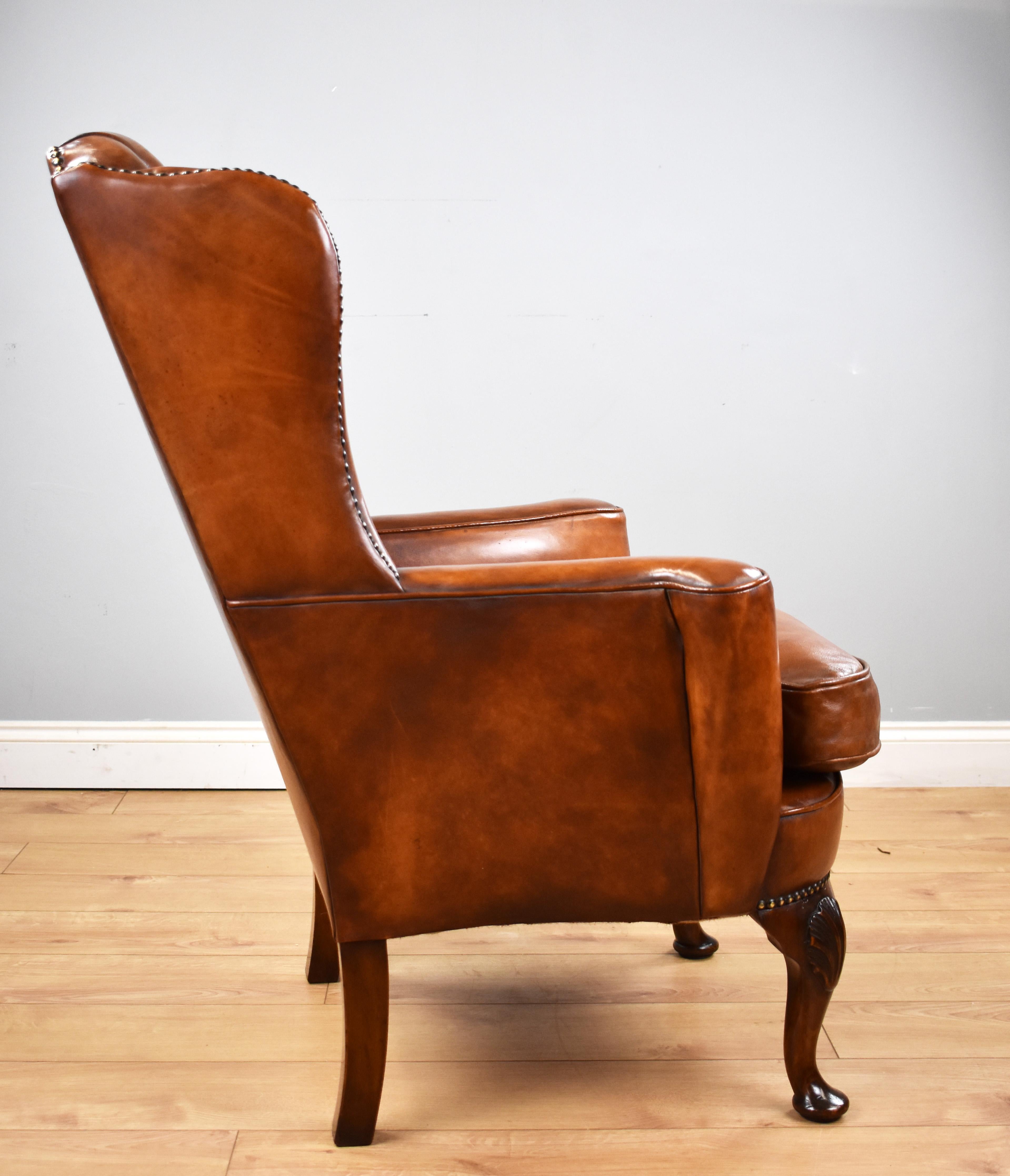 English Antique Victorian Hand Dyed Leather Wingback Armchair 1