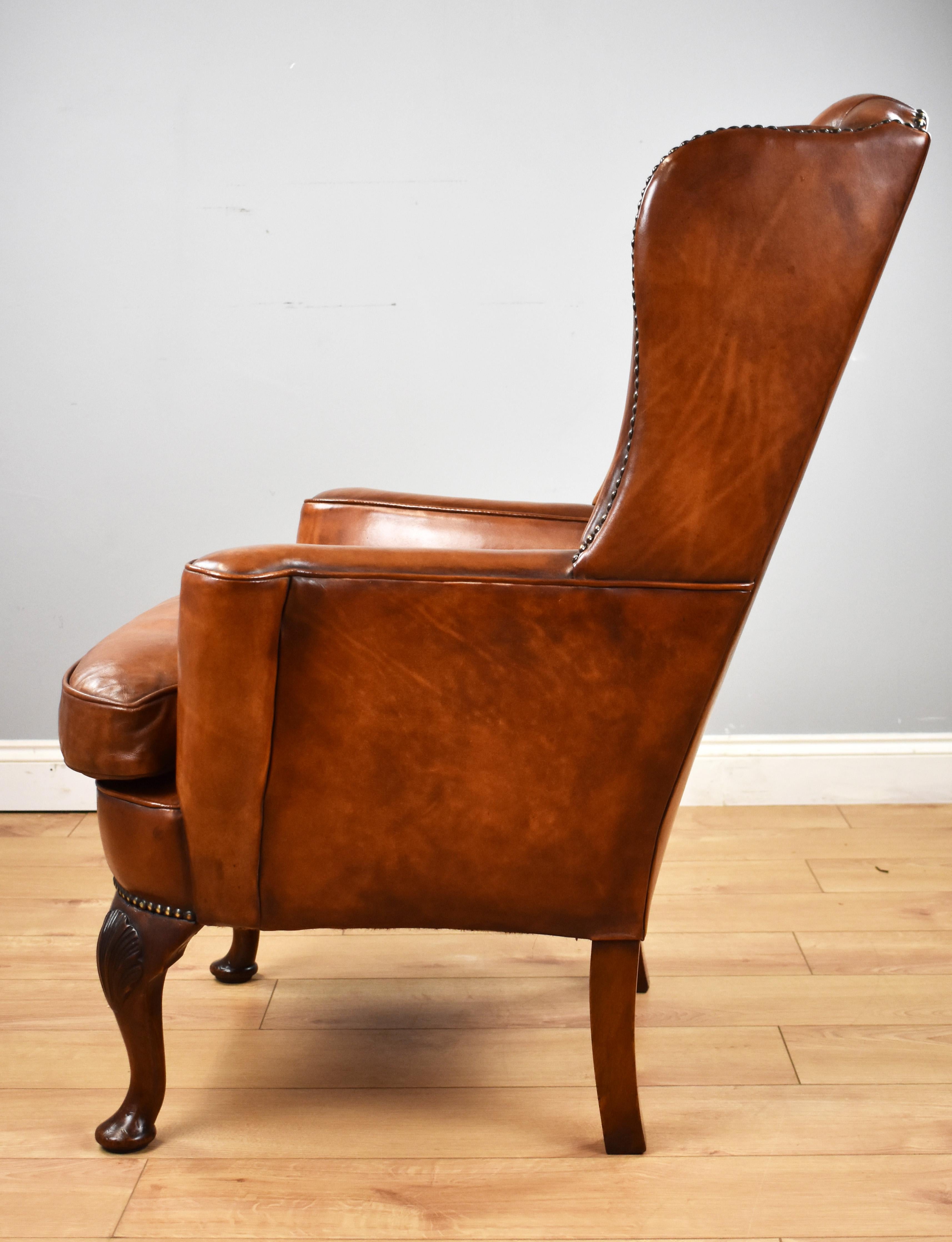 English Antique Victorian Hand Dyed Leather Wingback Armchair 3