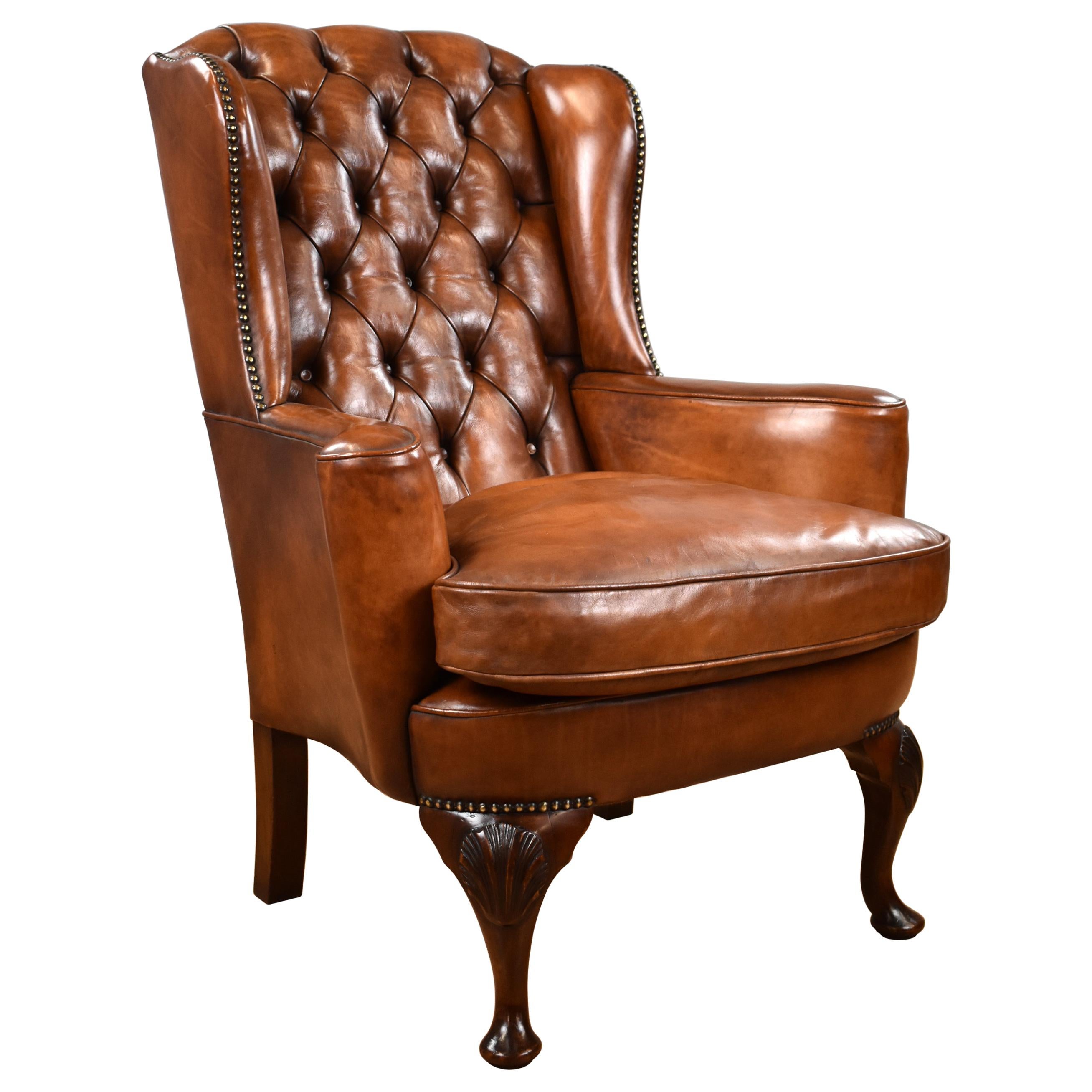 English Antique Victorian Hand Dyed Leather Wingback Armchair