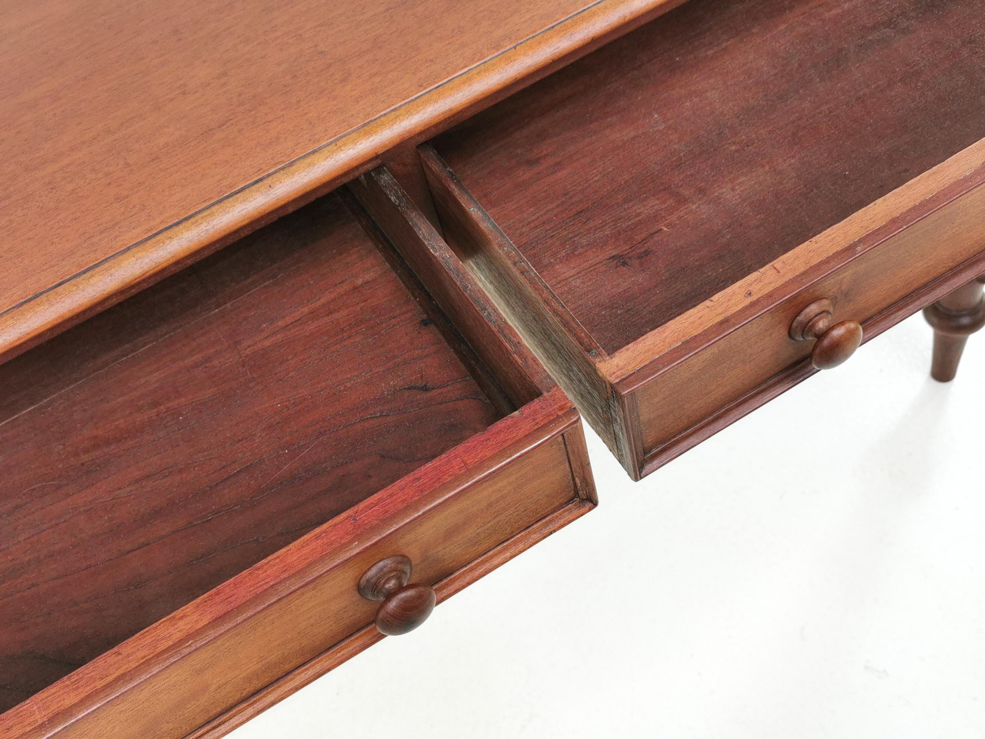 Victorian desk

Offered for sale a British late Victorian, mahogany, writing table, beautifully made with turned and fluted tapering legs, two drawers to the front with moulded handles and mahogany splash back or fitted frieze. 

Dimensions