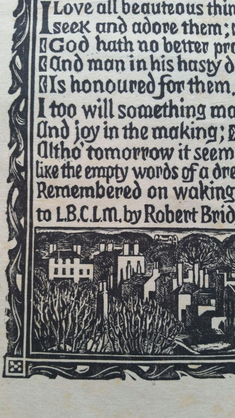 Englischer antiker englischer Holzschnitt-Stickerei, Prose von Robert Bridges im Zustand „Relativ gut“ im Angebot in Cirencester, GB
