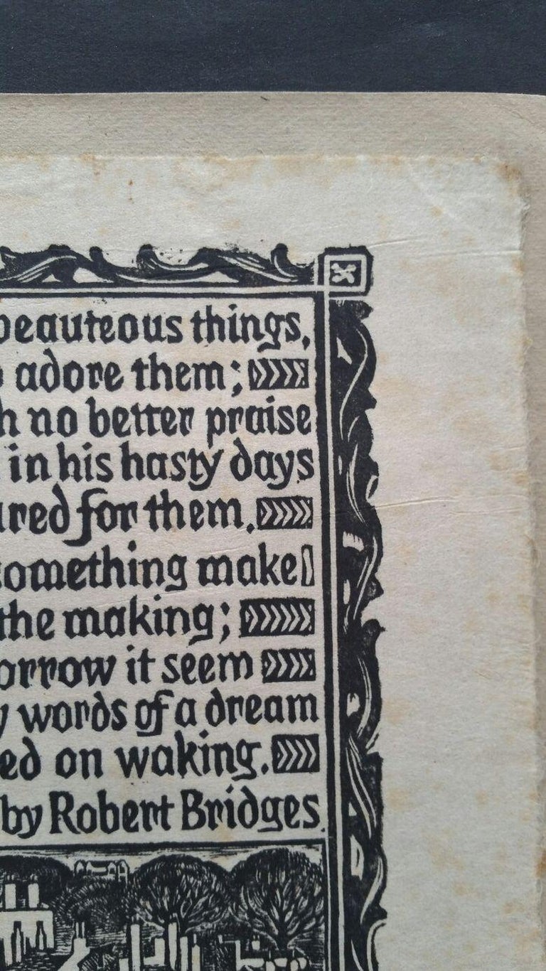 English Antique Woodcut Engraving, of Prose by Robert Bridges For Sale