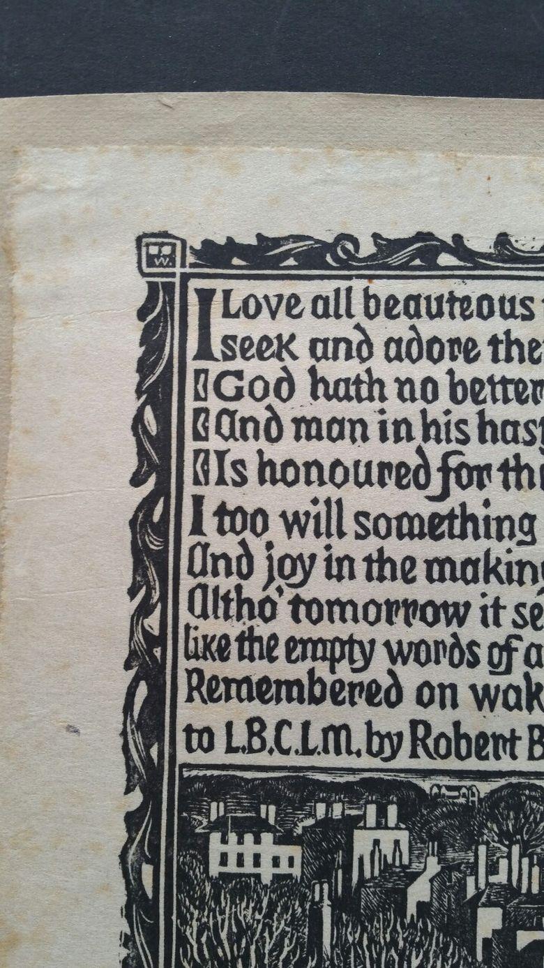 20th Century English Antique Woodcut Engraving, of Prose by Robert Bridges For Sale