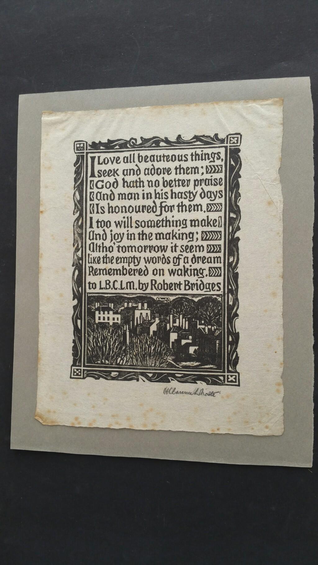 English Antique Woodcut Engraving, Signed, of Prose by Robert Bridges In Fair Condition For Sale In Cirencester, GB