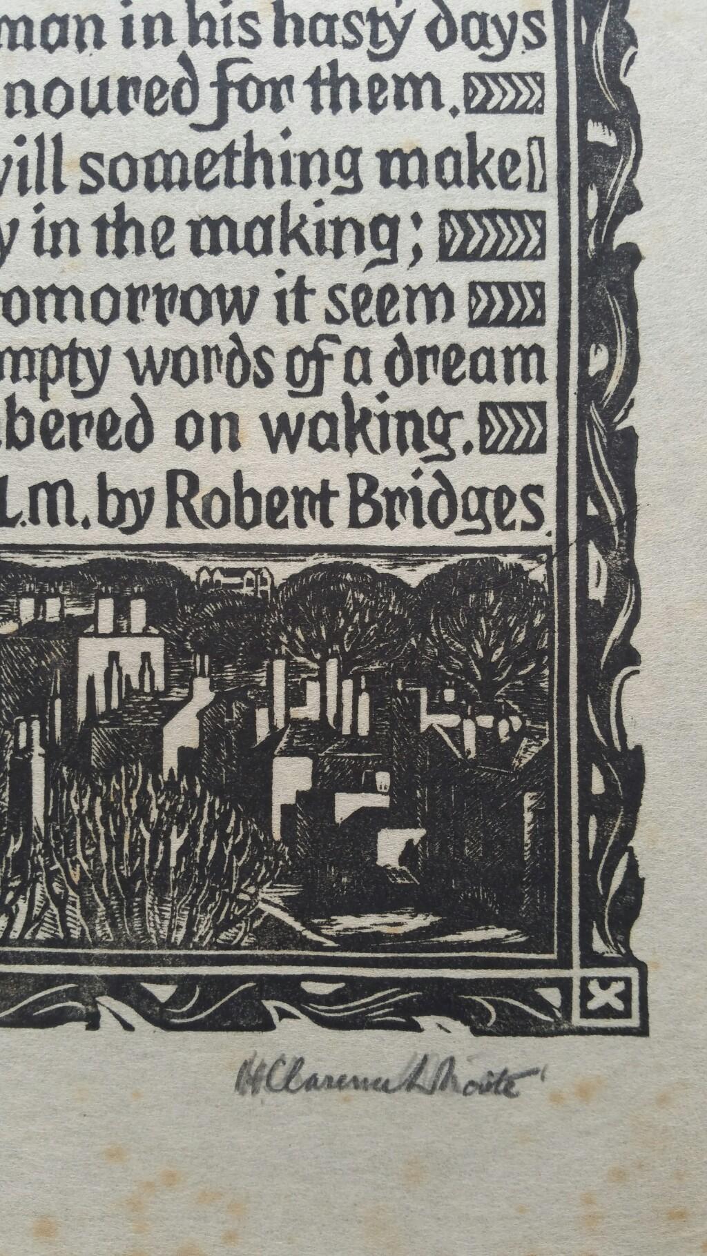20th Century English Antique Woodcut Engraving, Signed, of Prose by Robert Bridges For Sale
