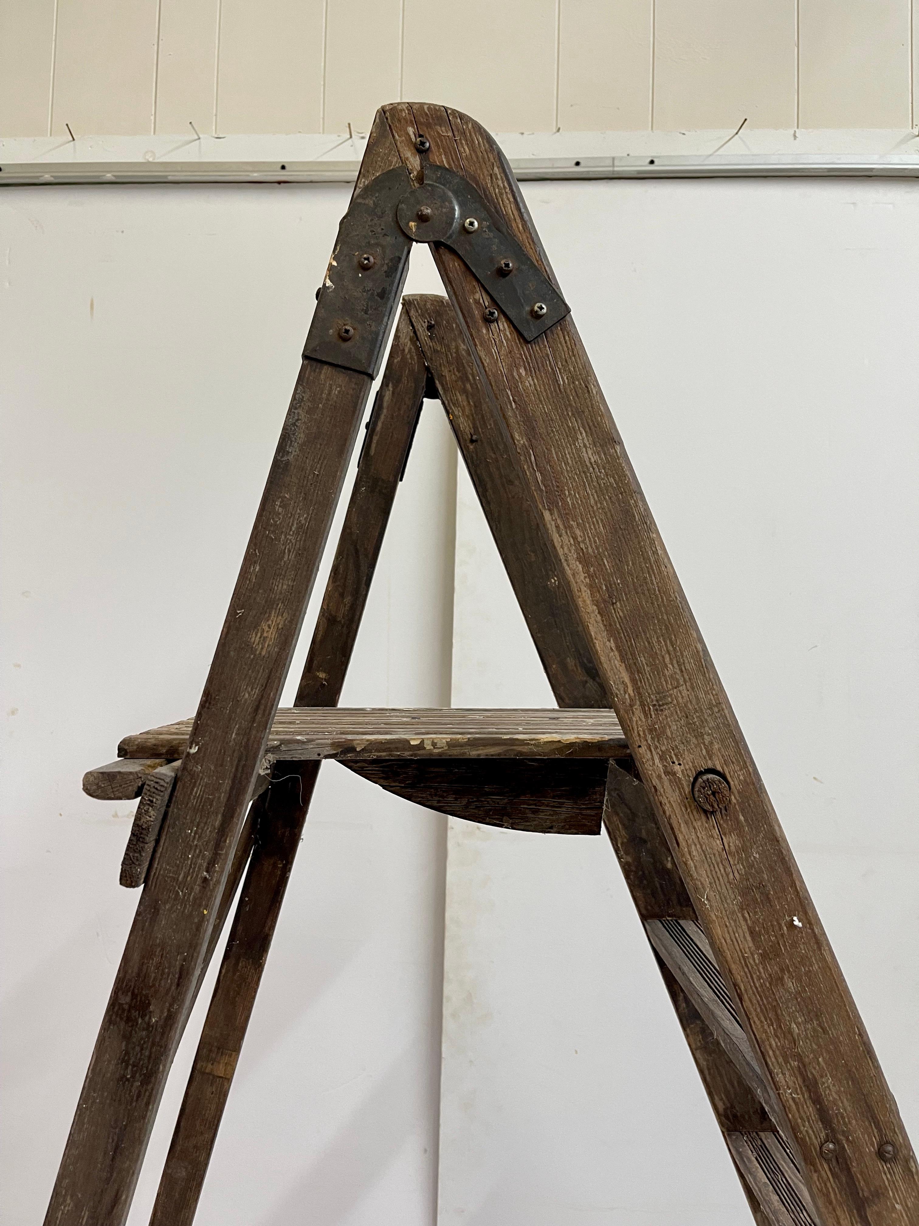 Metal English Antique Wooden Folding Ladder with Tray Shelf For Sale