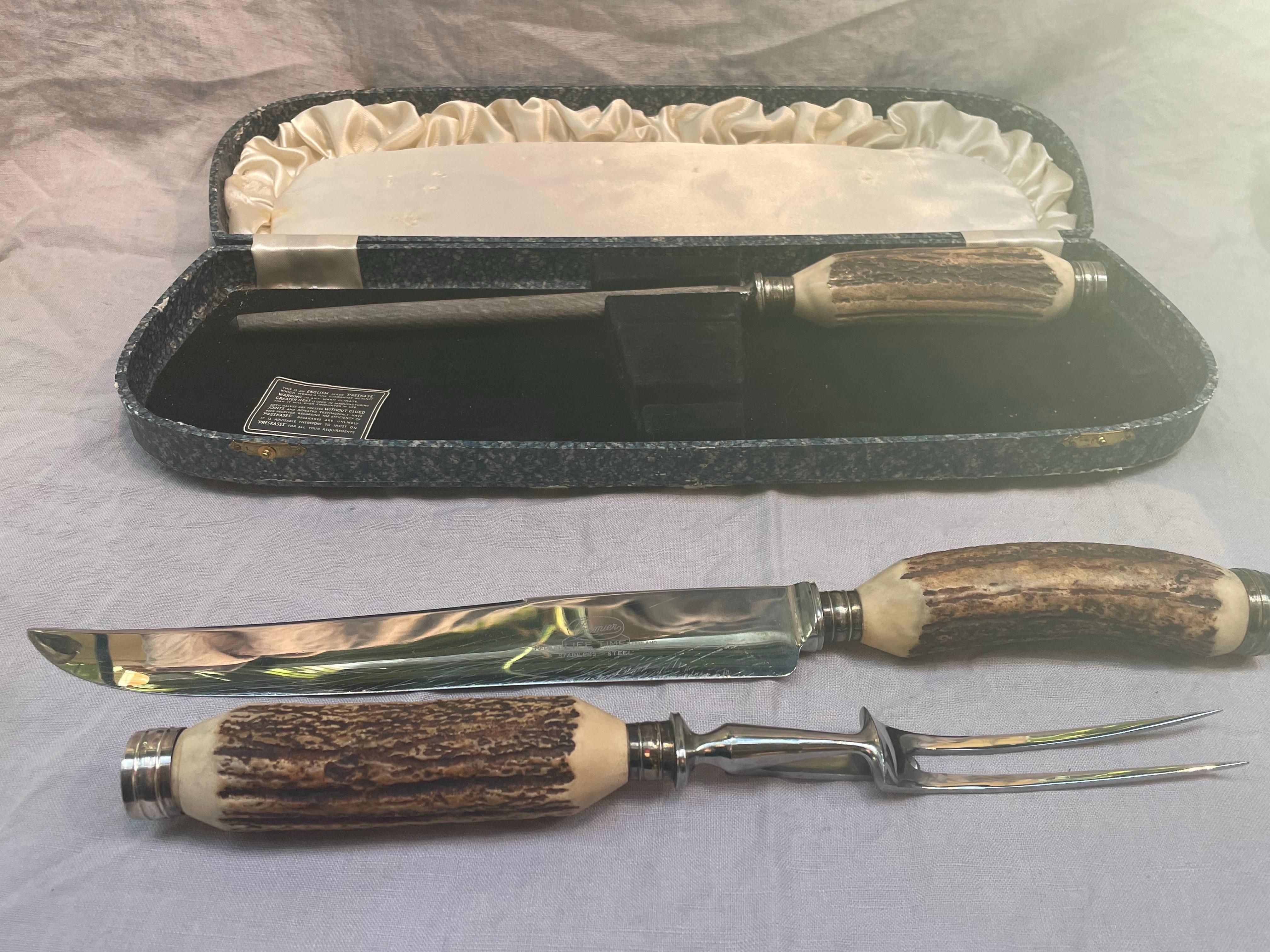 Stainless Steel English Antler-Handled Carving Set by Premier, in Original Box — Made in England For Sale