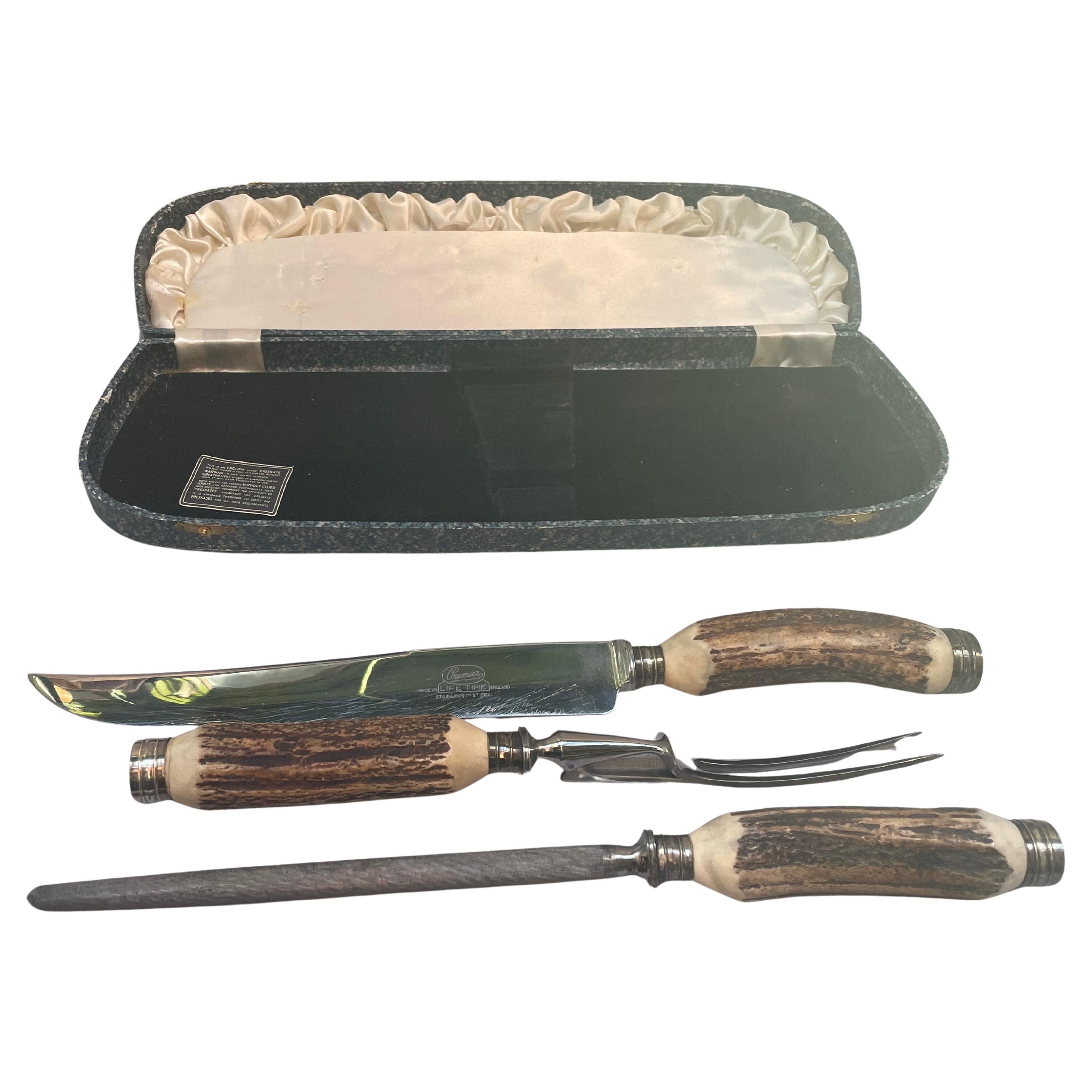 English Antler-Handled Carving Set by Premier, in Original Box — Made in England For Sale